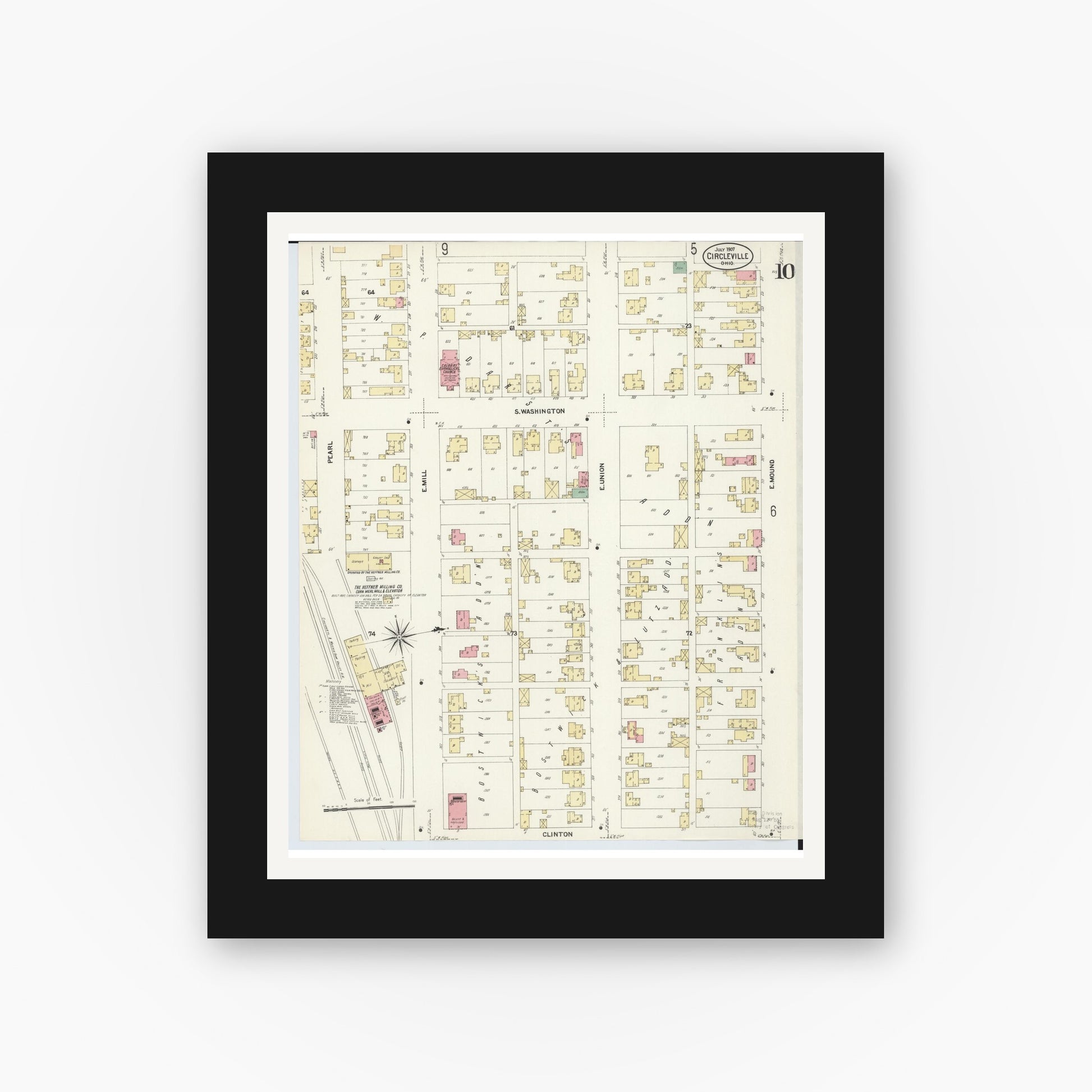 Old map wall art mockup — black gallery frame with white mat — Sanborn Fire Insurance Map from Circleville, Pickaway County, Ohio (1907), Sheet #0010