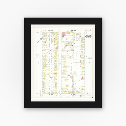 Old map wall art mockup — black gallery frame with white mat — Sanborn Fire Insurance Map from Ottumwa, Wapello County, Iowa (1909), Sheet #0008