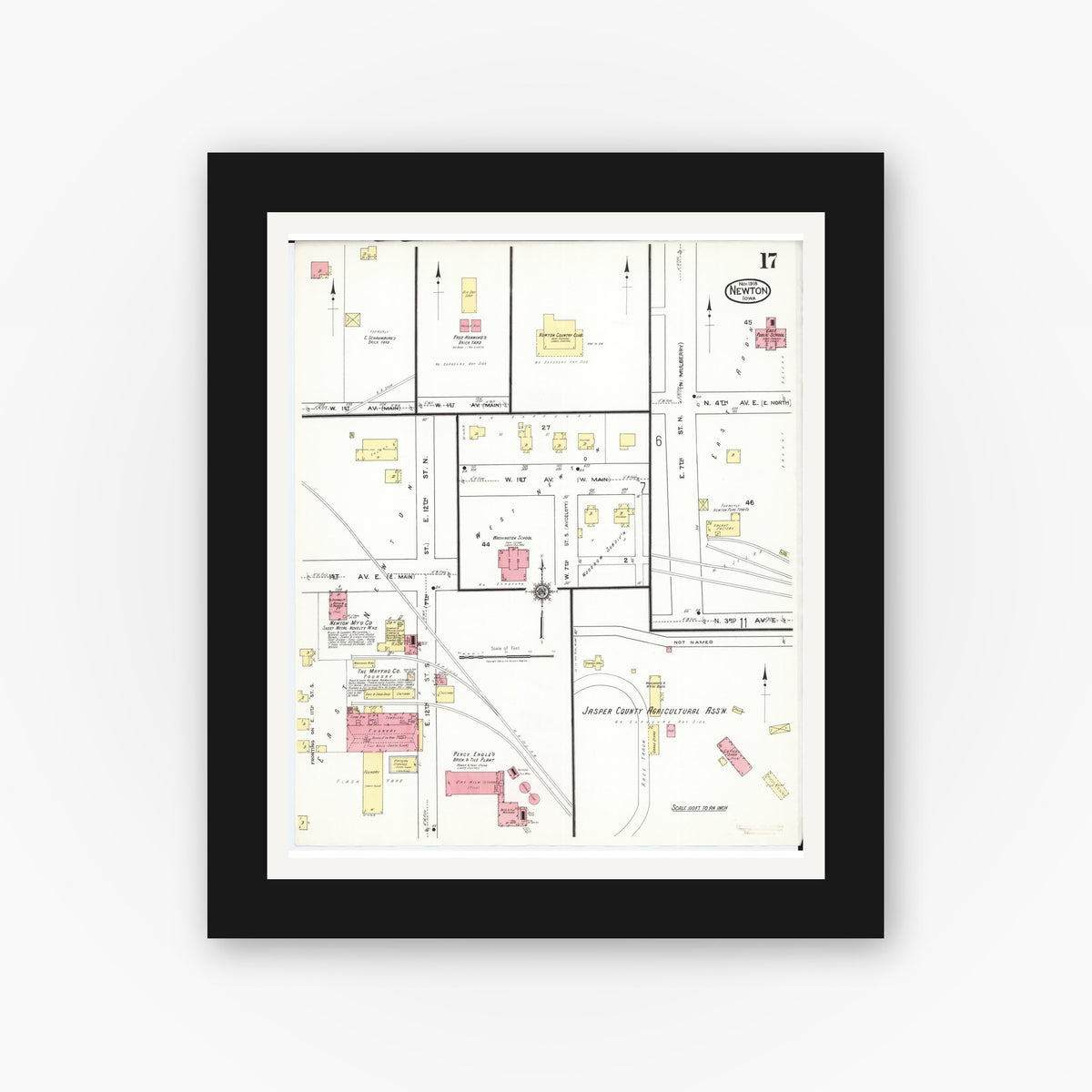 Old map wall art mockup — black gallery frame with white mat — Sanborn Fire Insurance Map from Newton, Jasper County, Iowa (1918), Sheet #0017