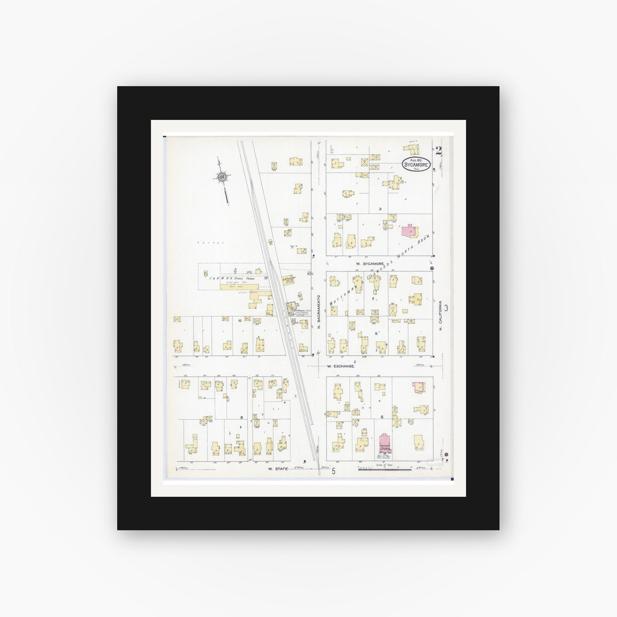 Old map wall art mockup — black gallery frame with white mat — Sanborn Fire Insurance Map from Sycamore, De Kalb County, Illinois (1912), Sheet #0002