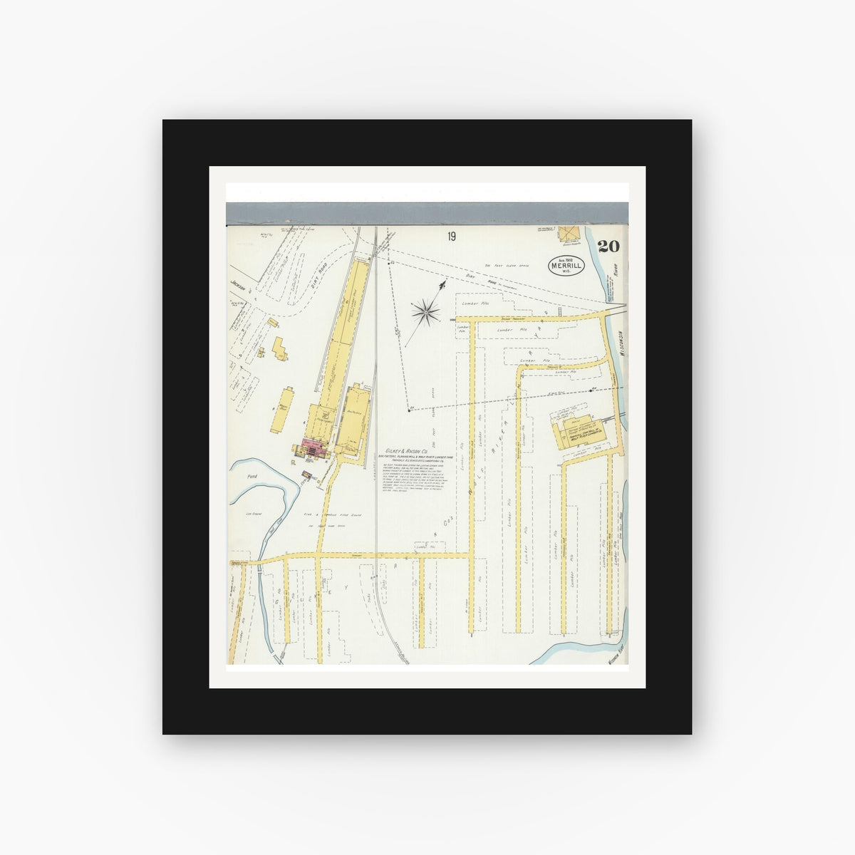 Old map wall art mockup — black gallery frame with white mat — Sanborn Fire Insurance Map from Merrill, Lincoln County, Wisconsin (1902), Sheet #0020