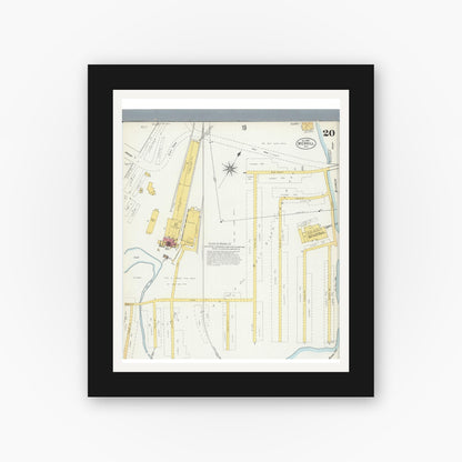 Old map wall art mockup — black gallery frame with white mat — Sanborn Fire Insurance Map from Merrill, Lincoln County, Wisconsin (1902), Sheet #0020
