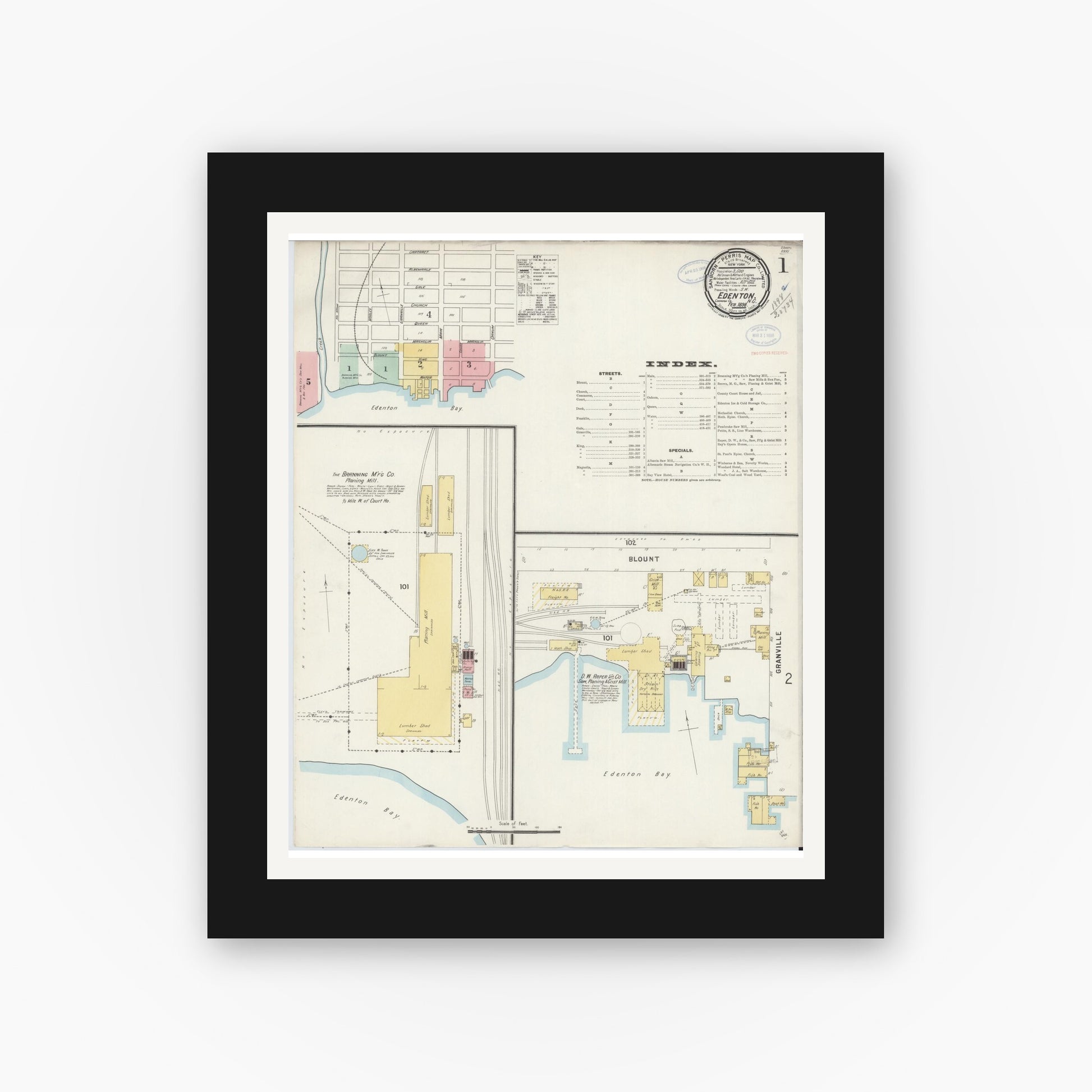 Old map wall art mockup — black gallery frame with white mat — Sanborn Fire Insurance Map from Edenton, Chowan County, North Carolina (1898), Sheet #0001