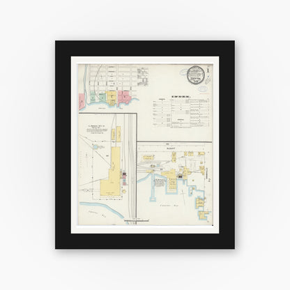 Old map wall art mockup — black gallery frame with white mat — Sanborn Fire Insurance Map from Edenton, Chowan County, North Carolina (1898), Sheet #0001