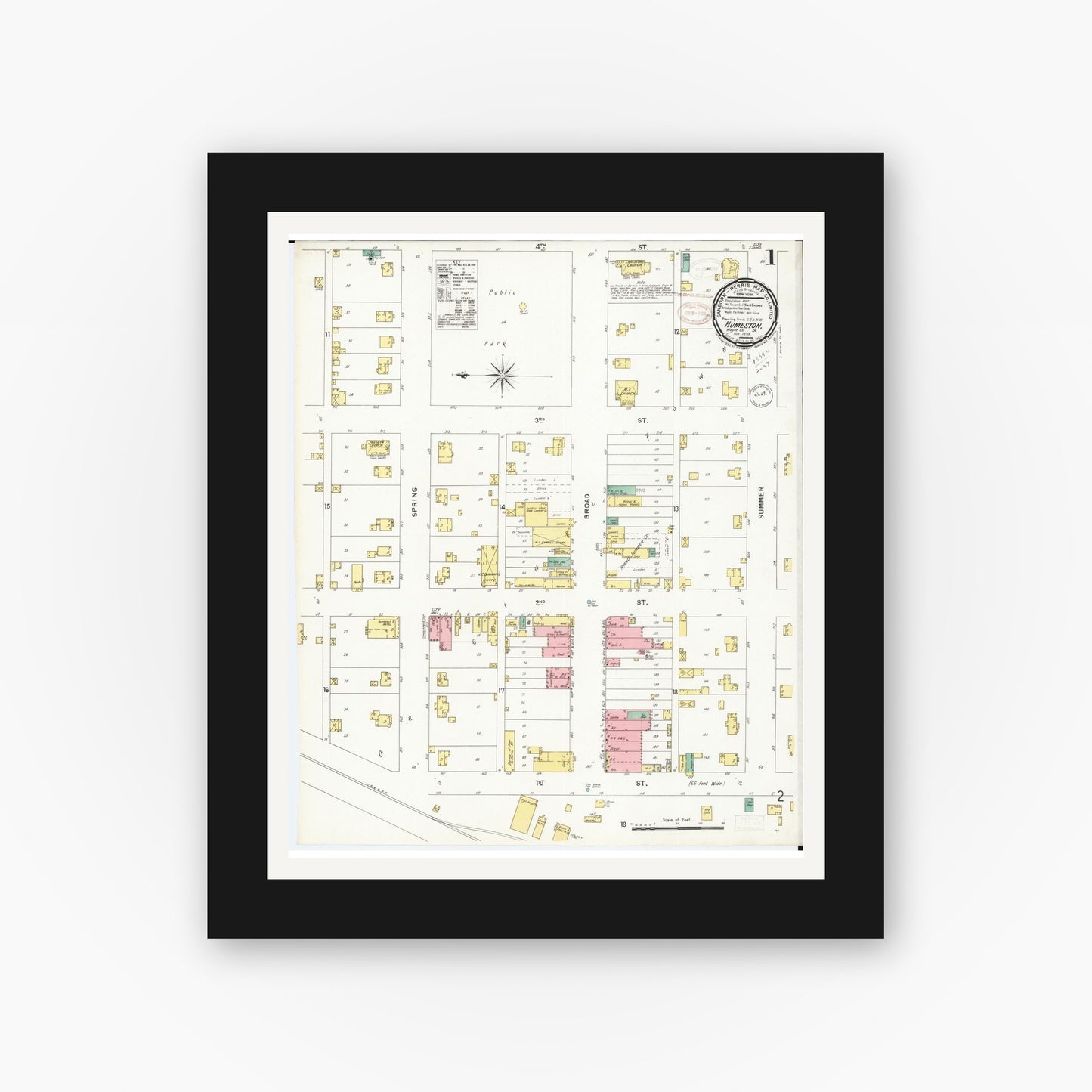 Old map wall art mockup — black gallery frame with white mat — Sanborn Fire Insurance Map from Humeston, Wayne County, Iowa (1898), Sheet #0001