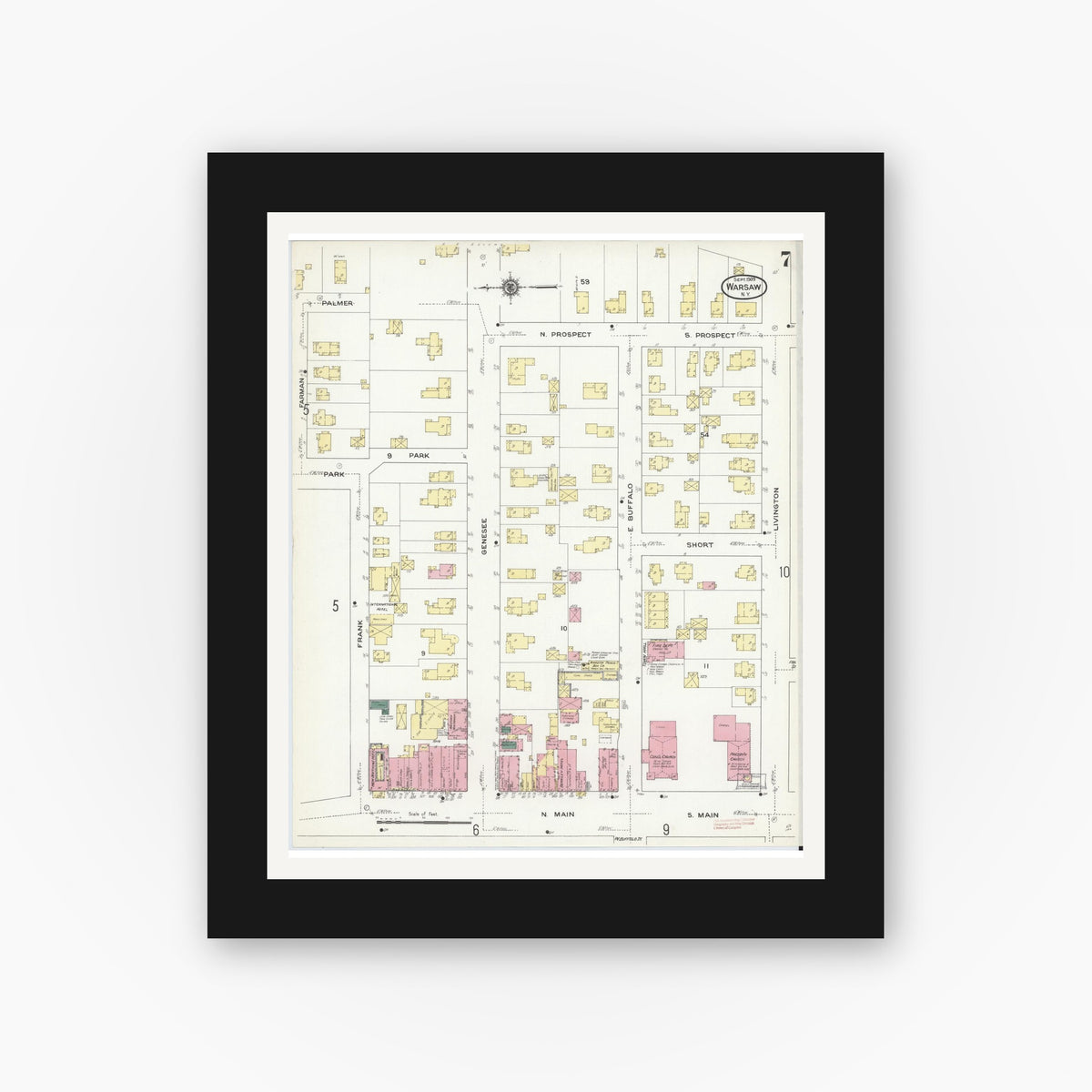 Old map wall art mockup — black gallery frame with white mat — Sanborn Fire Insurance Map from Warsaw, Wyoming County, New York (1909), Sheet #0007