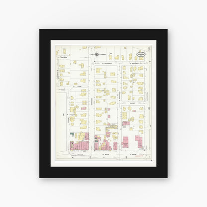 Old map wall art mockup — black gallery frame with white mat — Sanborn Fire Insurance Map from Warsaw, Wyoming County, New York (1909), Sheet #0007