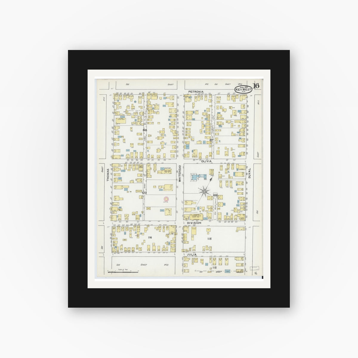 Old map wall art mockup — black gallery frame with white mat — Sanborn Fire Insurance Map from Key West, Monroe County, Florida (1892), Sheet #0016