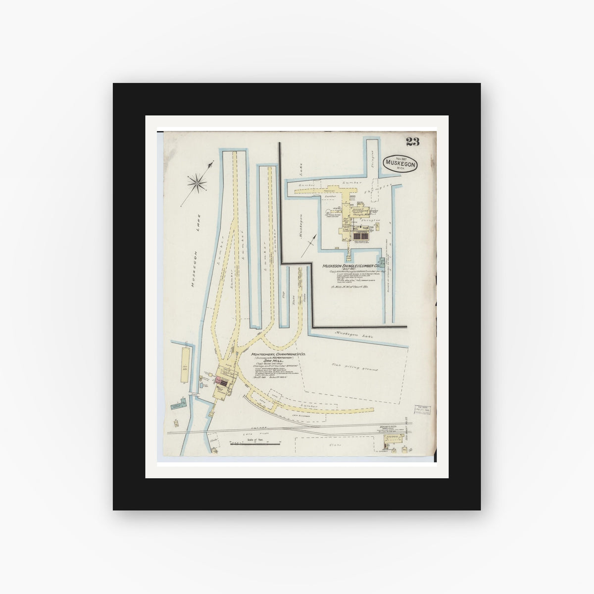Old map wall art mockup — black gallery frame with white mat — Sanborn Fire Insurance Map from Muskegon, Muskegon County, Michigan (1887), Sheet #0023