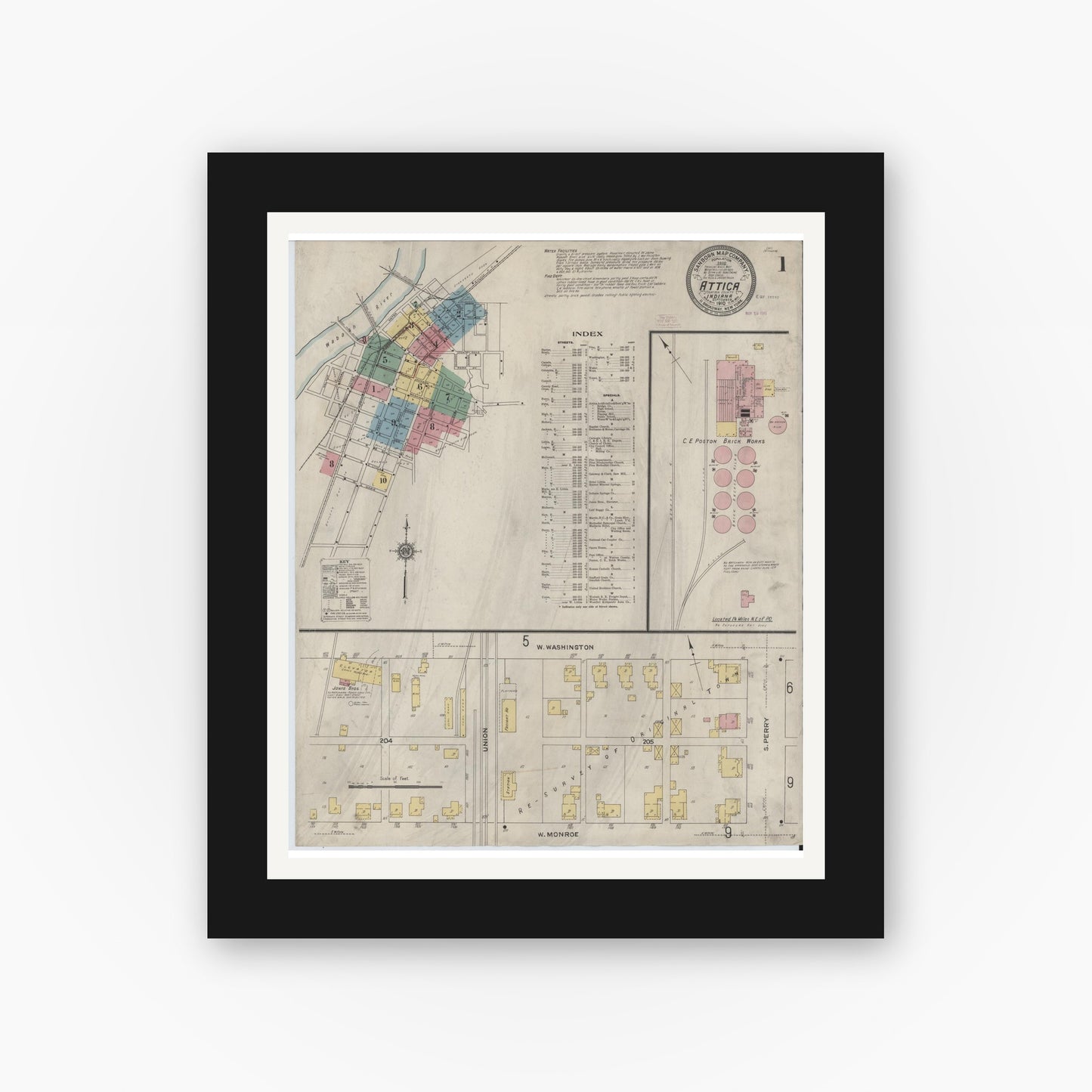 Old map wall art mockup — black gallery frame with white mat — Sanborn Fire Insurance Map from Attica, Fountain County, Indiana (1910), Sheet #0001