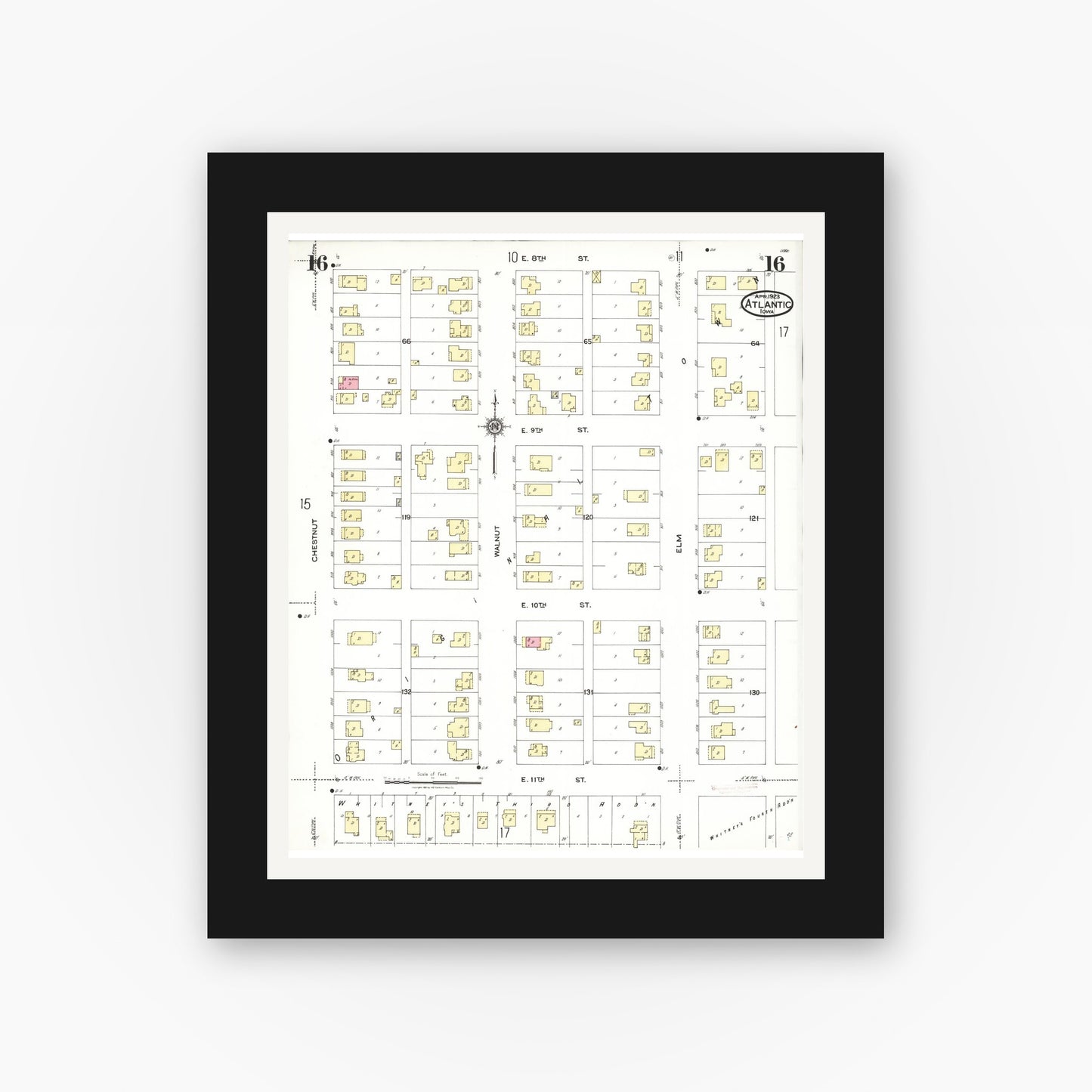 Old map wall art mockup — black gallery frame with white mat — Sanborn Fire Insurance Map from Atlantic, Cass County, Iowa (1923), Sheet #0016