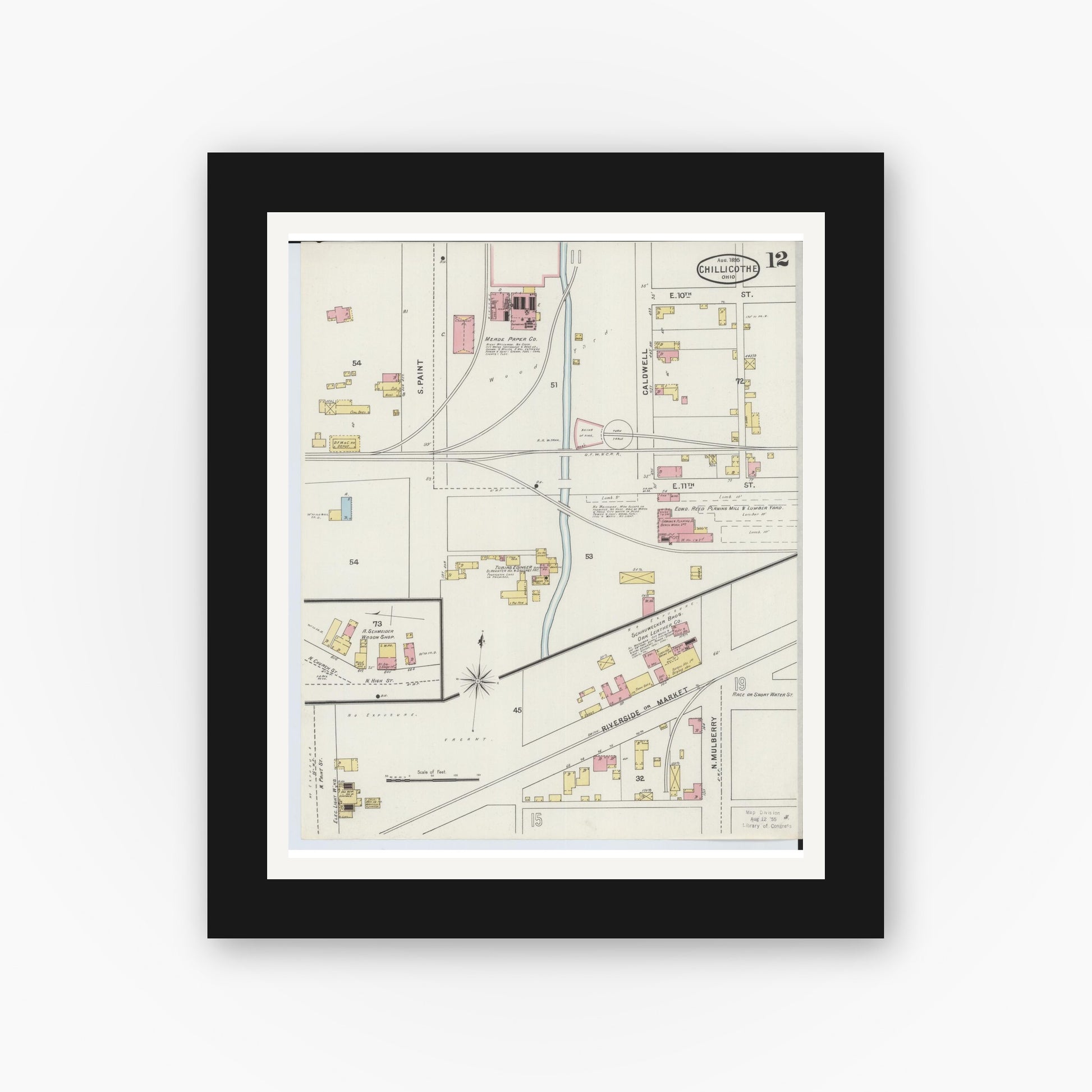 Old map wall art mockup — black gallery frame with white mat — Sanborn Fire Insurance Map from Chillicothe, Ross County, Ohio (1895), Sheet #0012