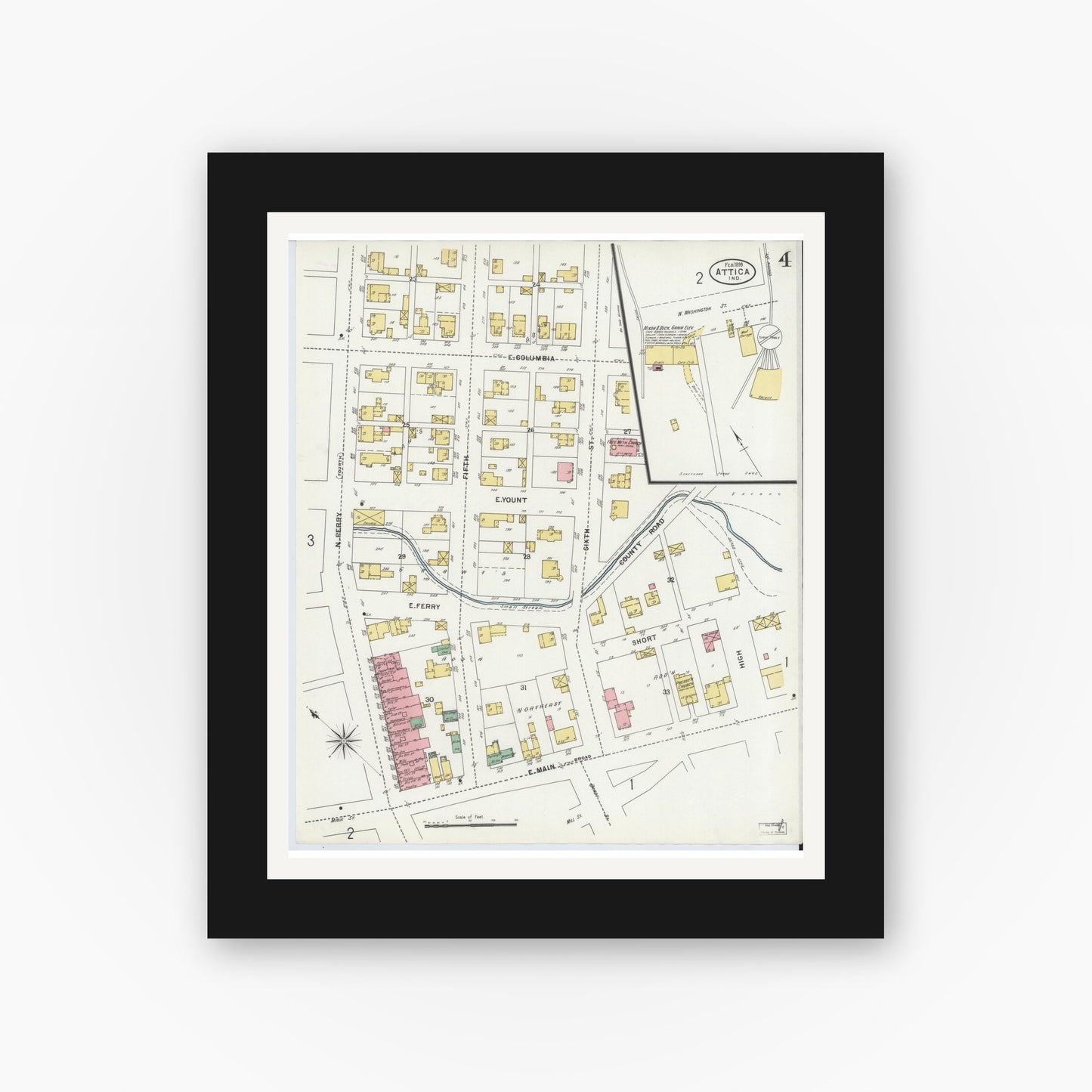 Old map wall art mockup — black gallery frame with white mat — Sanborn Fire Insurance Map from Attica, Fountain County, Indiana (1899), Sheet #0004