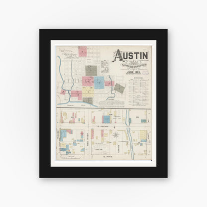 Old map wall art mockup — black gallery frame with white mat — Sanborn Fire Insurance Map from Austin, Travis County, Texas (1885) - Complete Map Set