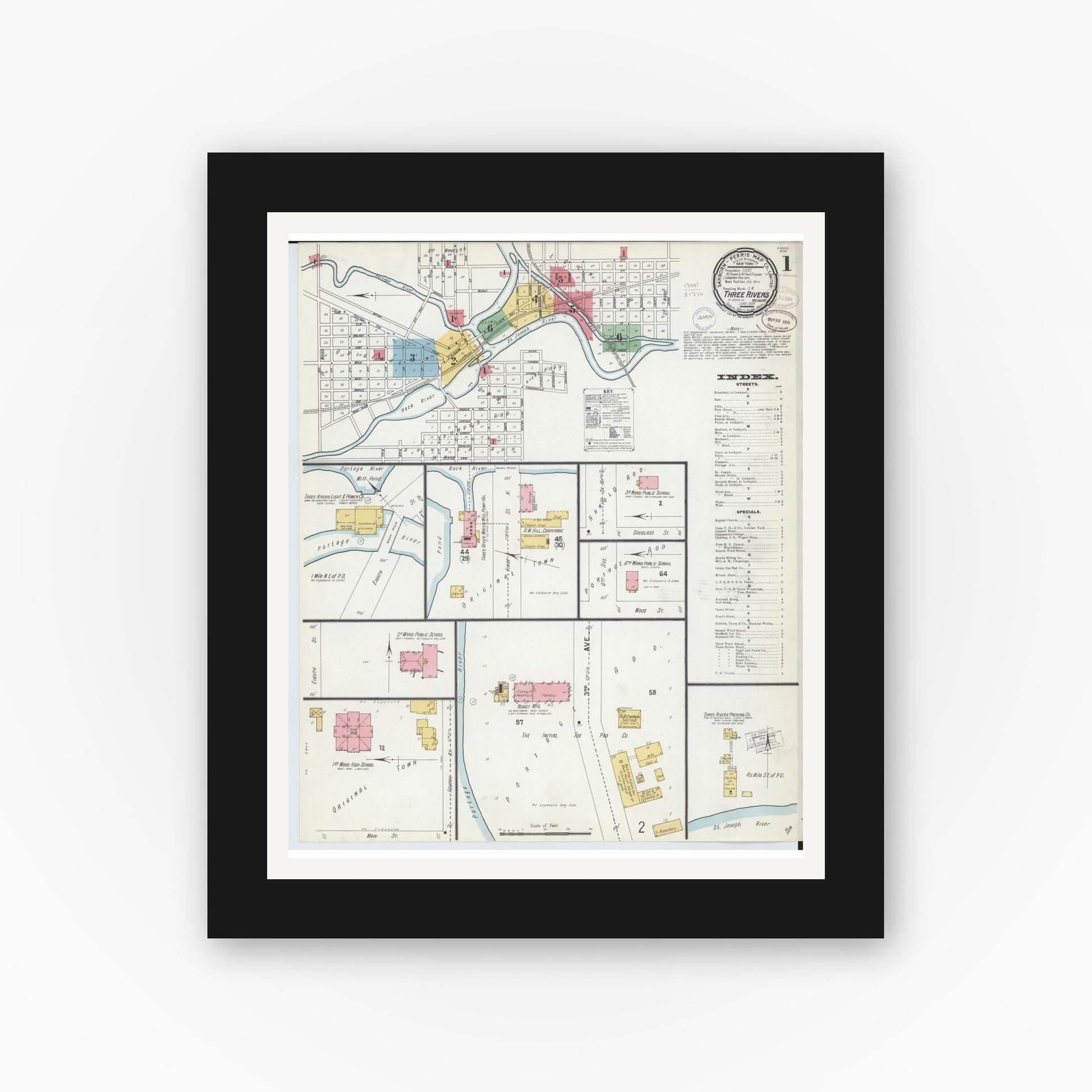 Old map wall art mockup — black gallery frame with white mat — Sanborn Fire Insurance Map from Three Rivers, Saint Joseph County, Michigan (1899), Sheet #0001