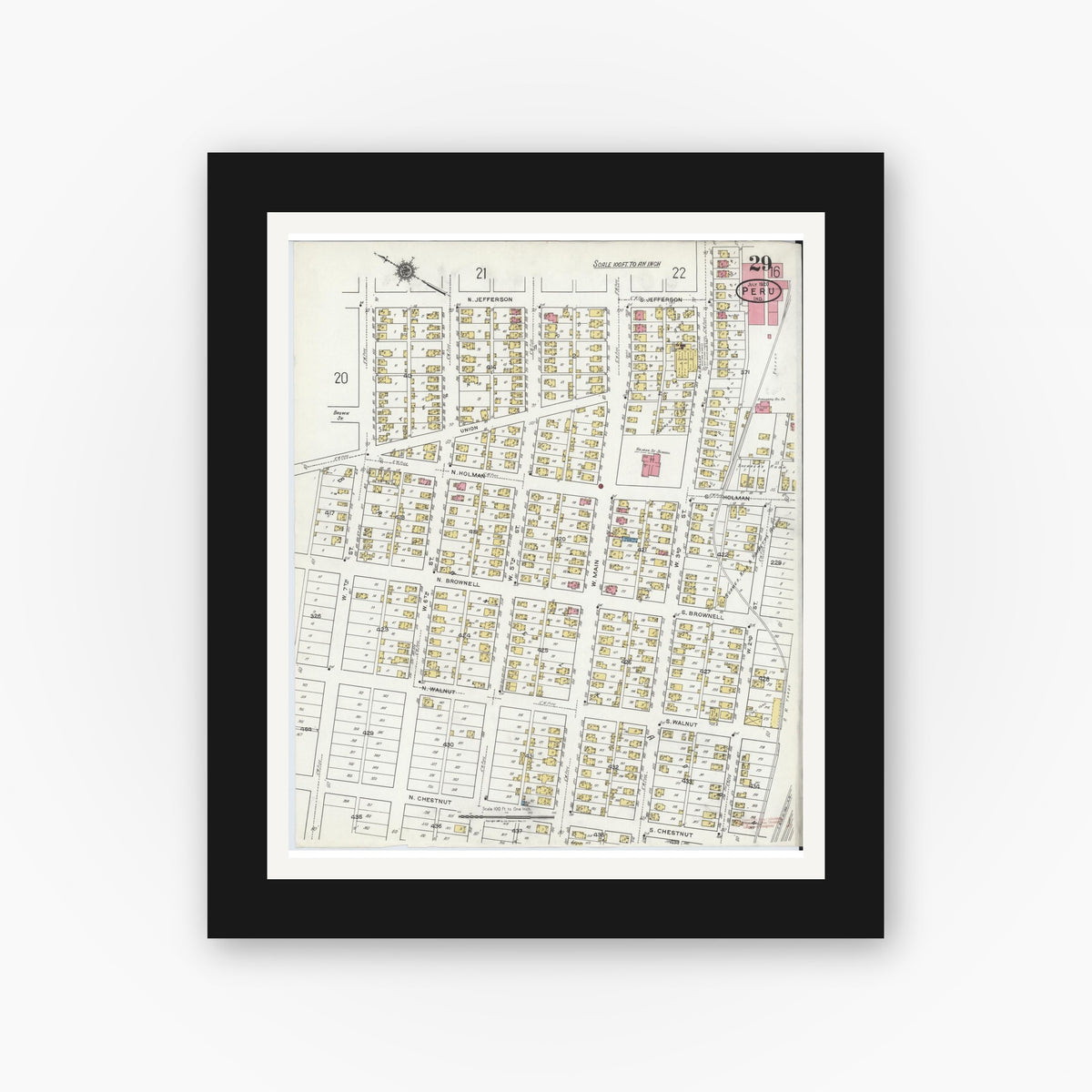 Old map wall art mockup — black gallery frame with white mat — Sanborn Fire Insurance Map from Peru, Miami County, Indiana (1920), Sheet #0029