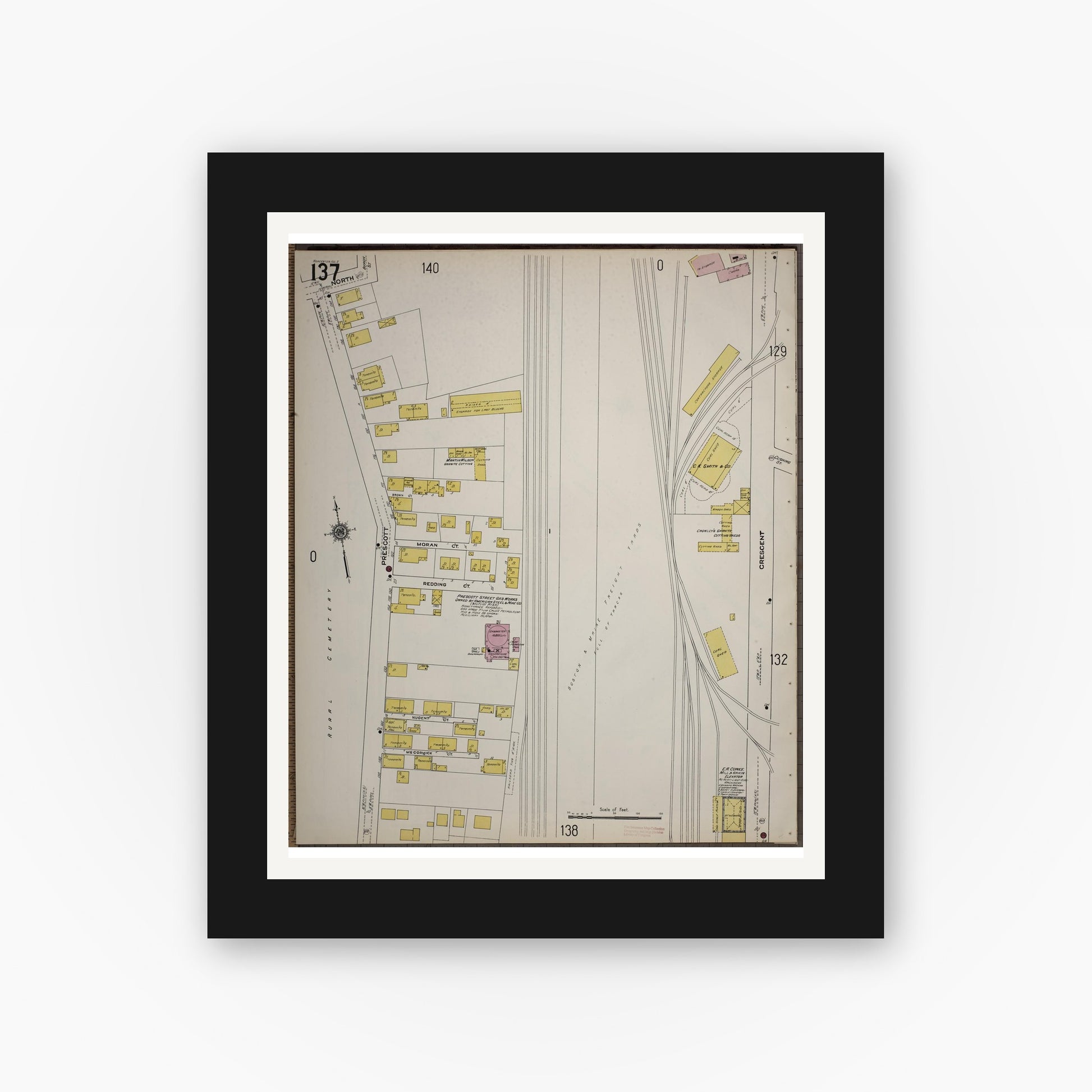 Old map wall art mockup — black gallery frame with white mat — Sanborn Fire Insurance Map from Worcester, Worcester County, Massachusetts (1910), Sheet #0137