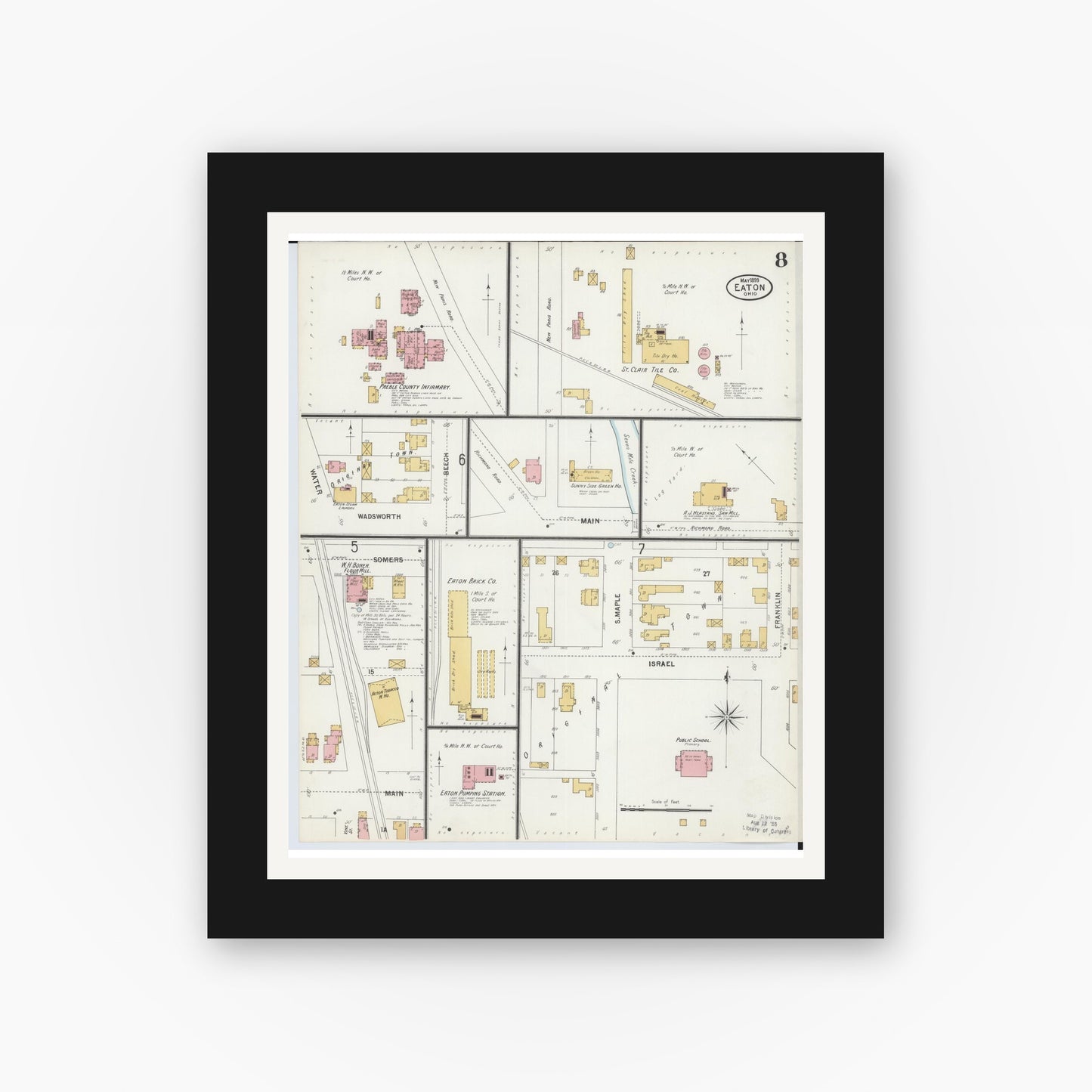 Old map wall art mockup — black gallery frame with white mat — Sanborn Fire Insurance Map from Eaton, Preble County, Ohio (1899), Sheet #0008