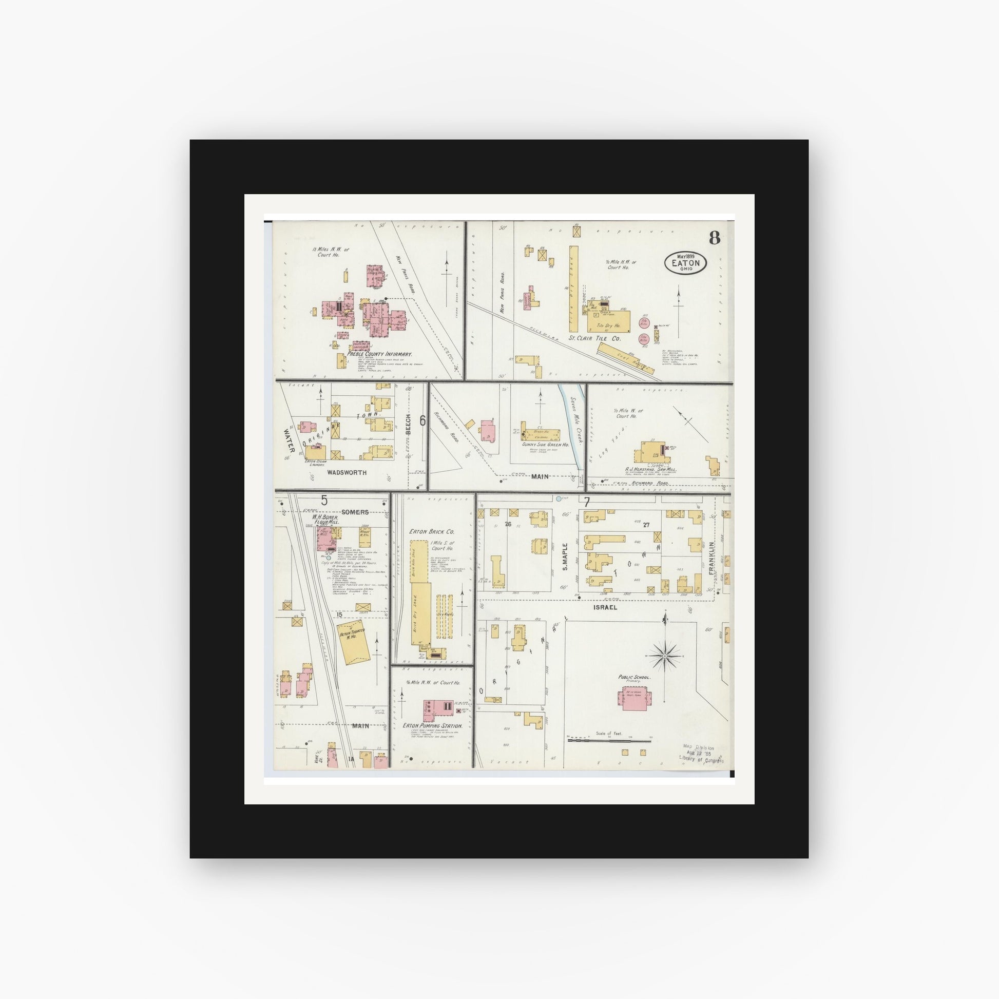 Old map wall art mockup — black gallery frame with white mat — Sanborn Fire Insurance Map from Eaton, Preble County, Ohio (1899), Sheet #0008