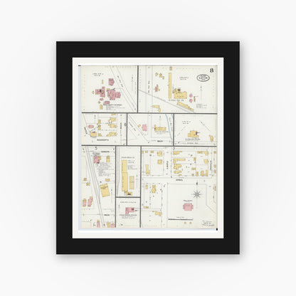 Old map wall art mockup — black gallery frame with white mat — Sanborn Fire Insurance Map from Eaton, Preble County, Ohio (1899), Sheet #0008