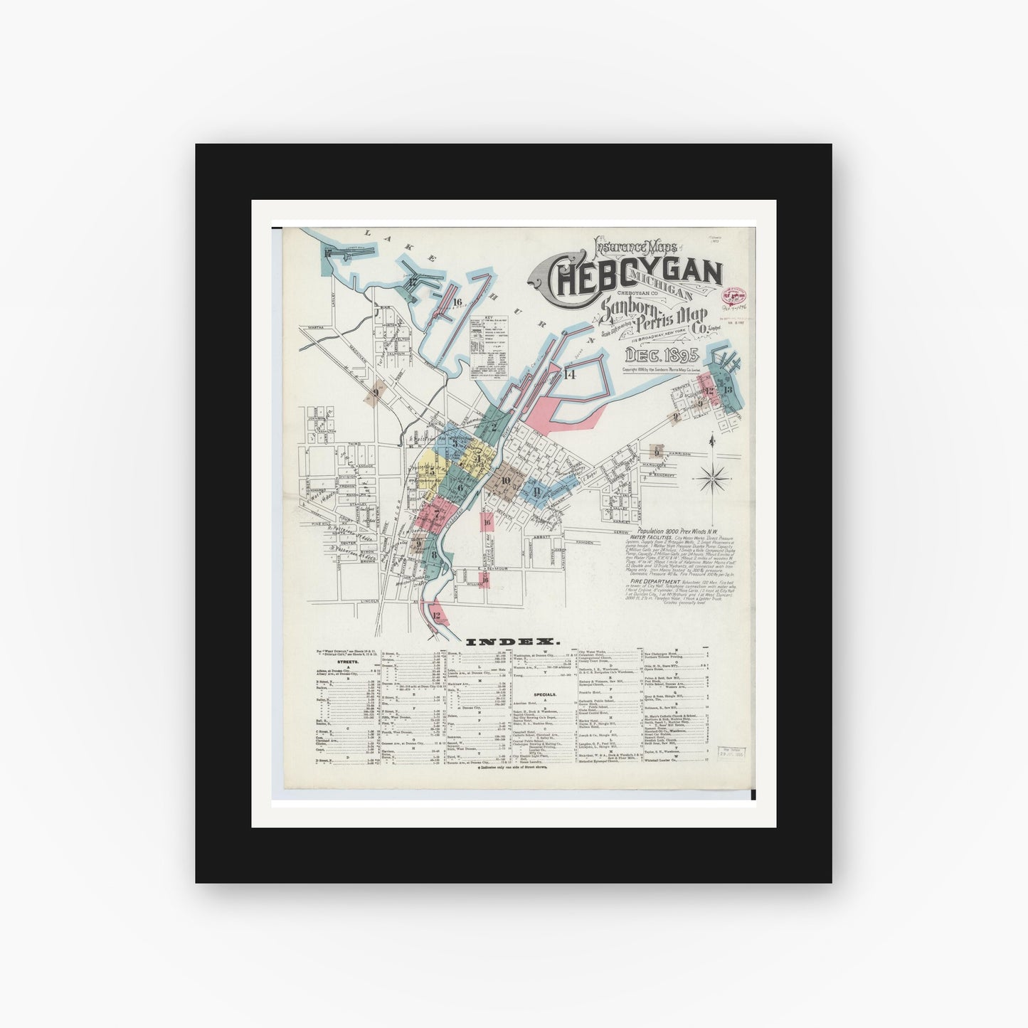 Old map wall art mockup — black gallery frame with white mat — Sanborn Fire Insurance Map from Cheboygan, Cheboygan County, Michigan (1895), Sheet #0001