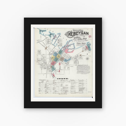 Old map wall art mockup — black gallery frame with white mat — Sanborn Fire Insurance Map from Cheboygan, Cheboygan County, Michigan (1895), Sheet #0001