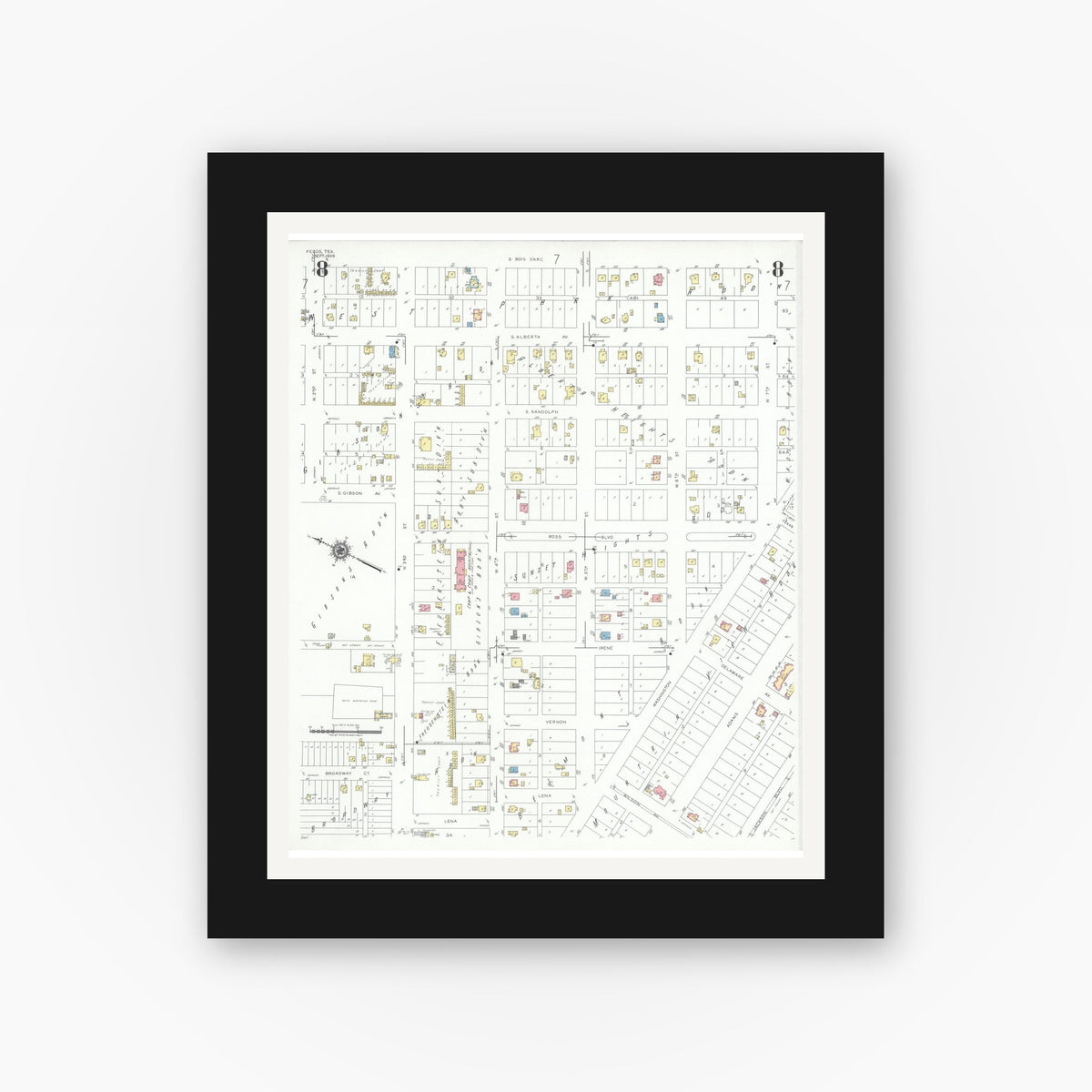 Old map wall art mockup — black gallery frame with white mat — Sanborn Fire Insurance Map from Pecos, Reeves County, Texas (1939), Sheet #0008