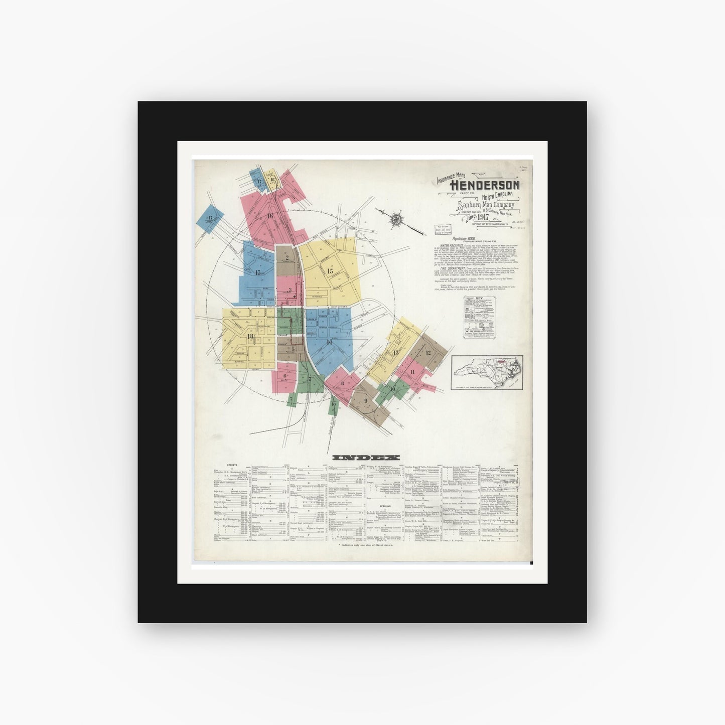 Old map wall art mockup — black gallery frame with white mat — Sanborn Fire Insurance Map from Henderson, Vance County, North Carolina (1917) - Complete Map Set