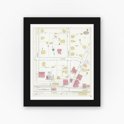 Old map wall art mockup — black gallery frame with white mat — Sanborn Fire Insurance Map from Maxton, Robeson County, North Carolina (1919), Sheet #0002
