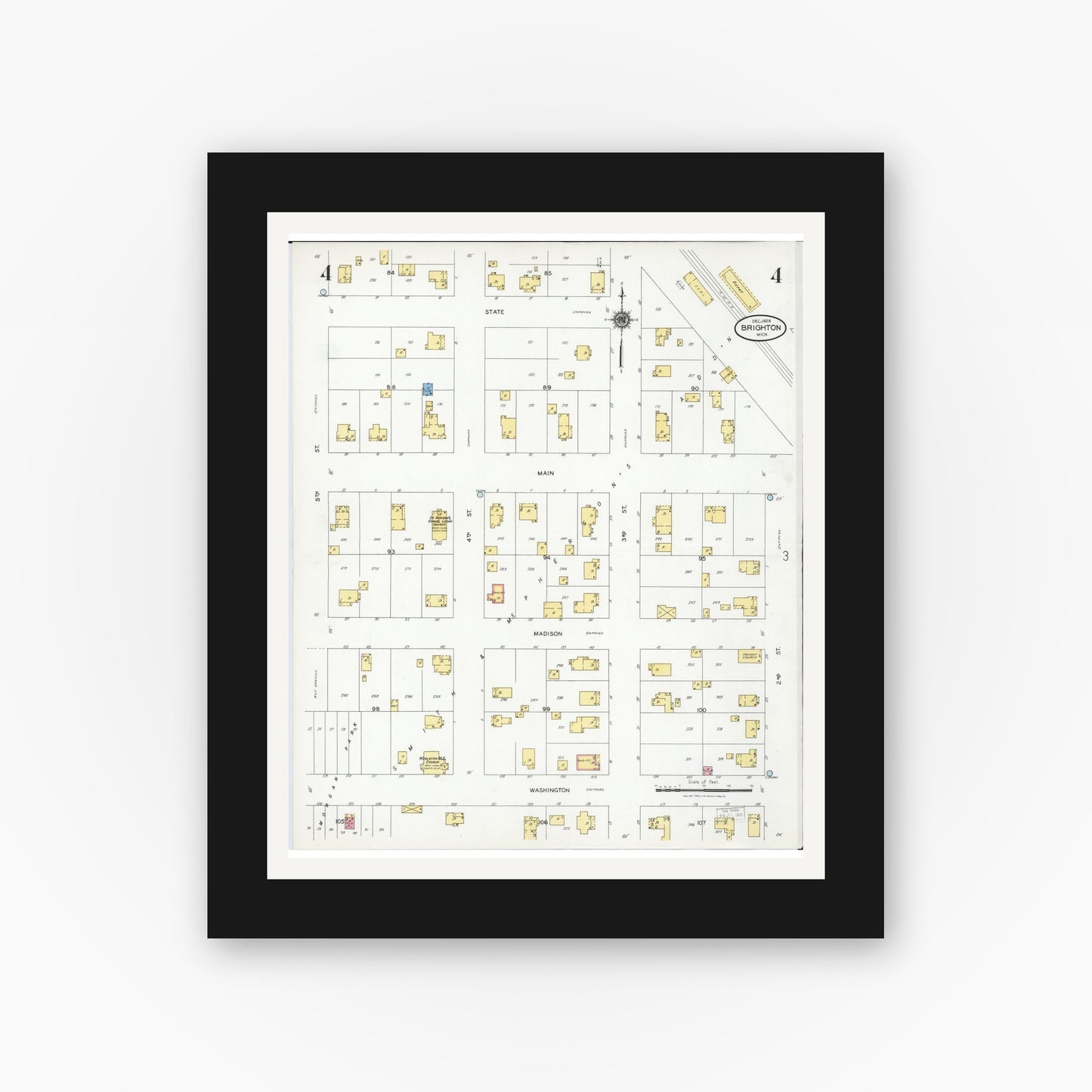 Old map wall art mockup — black gallery frame with white mat — Sanborn Fire Insurance Map from Brighton, Livingston County, Michigan (1928), Sheet #0004