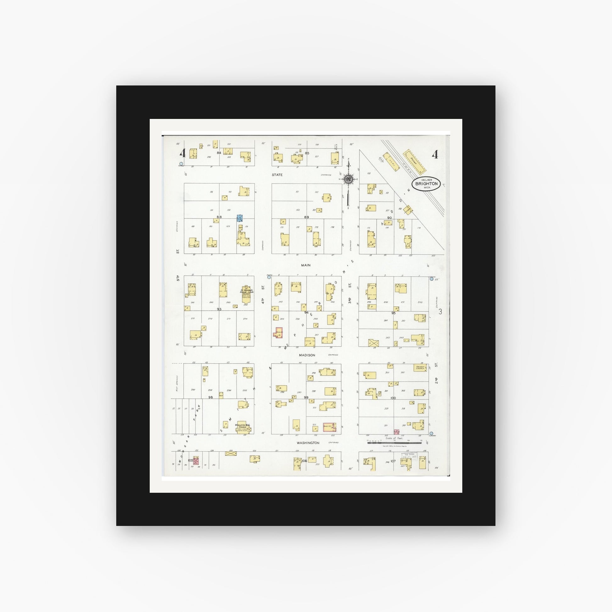 Old map wall art mockup — black gallery frame with white mat — Sanborn Fire Insurance Map from Brighton, Livingston County, Michigan (1928), Sheet #0004
