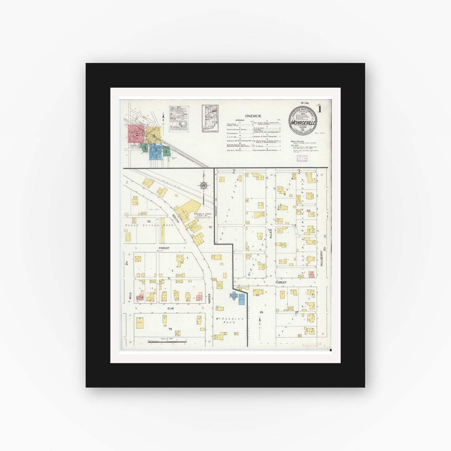 Old map wall art mockup — black gallery frame with white mat — Sanborn Fire Insurance Map from Monroeville, Allen County, Indiana (1916) - Complete Map Set