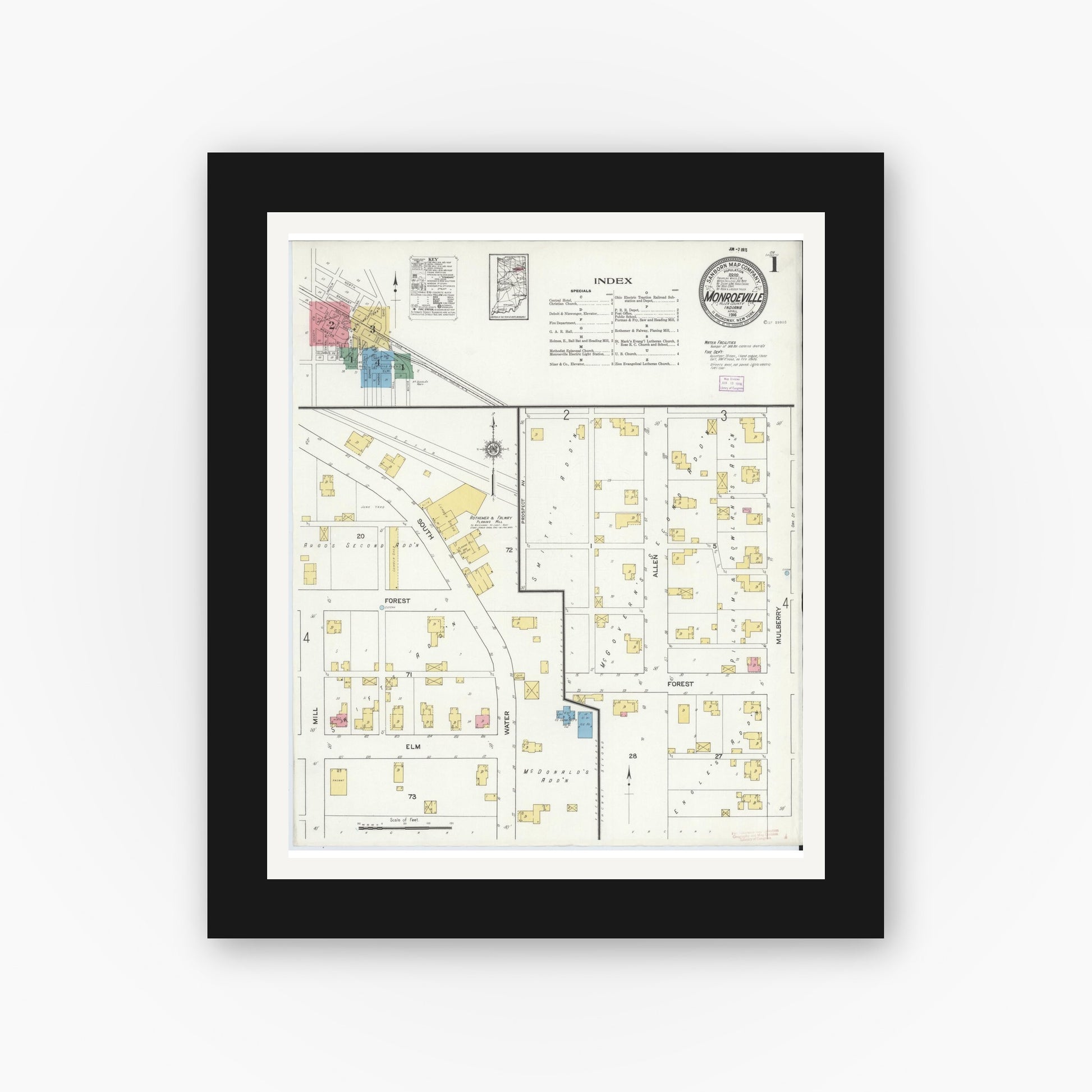 Old map wall art mockup — black gallery frame with white mat — Sanborn Fire Insurance Map from Monroeville, Allen County, Indiana (1916) - Complete Map Set