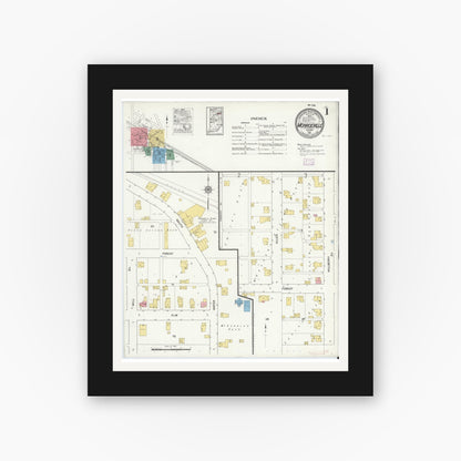 Old map wall art mockup — black gallery frame with white mat — Sanborn Fire Insurance Map from Monroeville, Allen County, Indiana (1916) - Complete Map Set