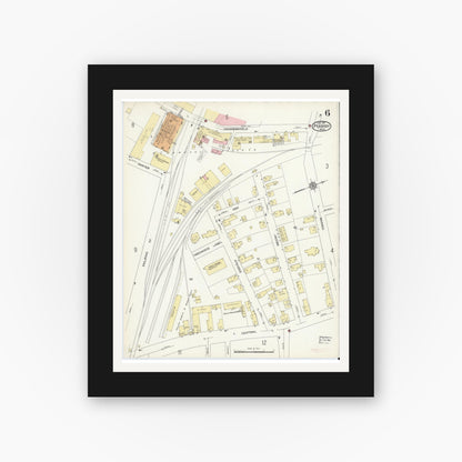 Old map wall art mockup — black gallery frame with white mat — Sanborn Fire Insurance Map from Peabody, Essex County, Massachusetts (1914), Sheet #0006