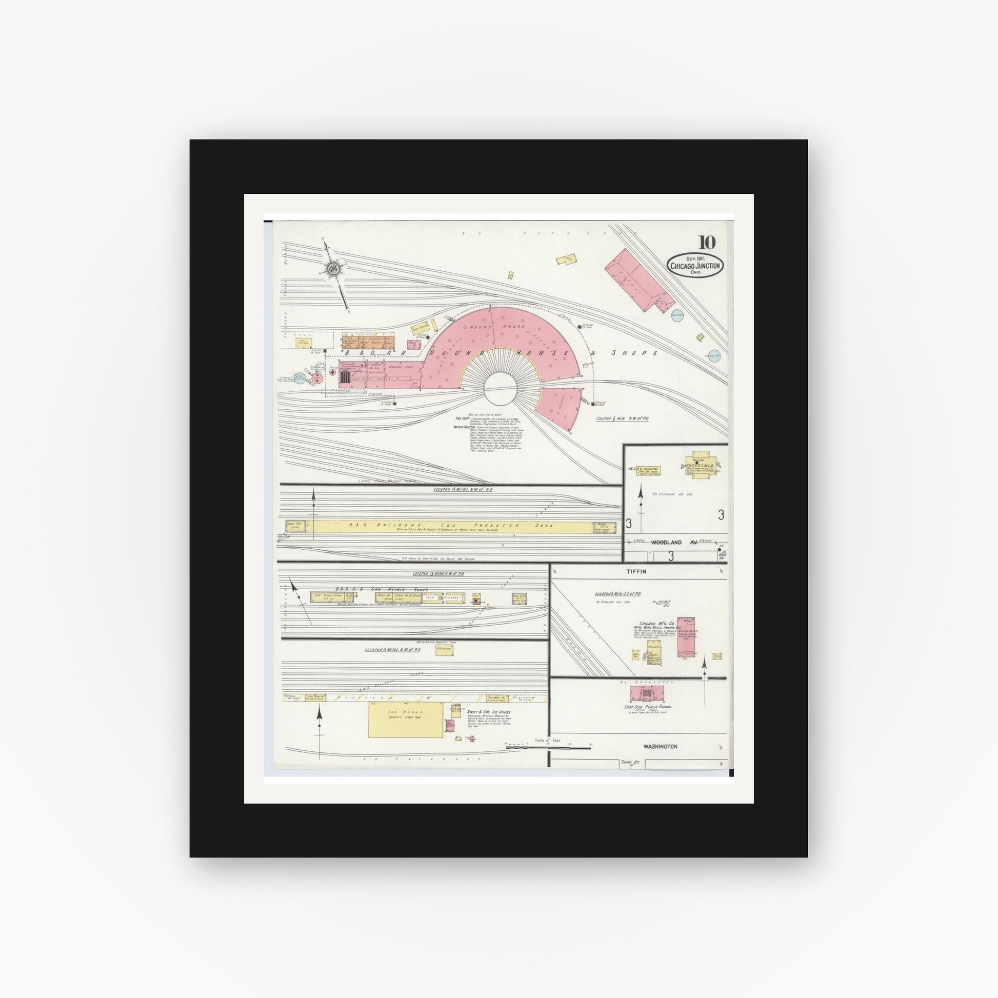 Old map wall art mockup — black gallery frame with white mat — Sanborn Fire Insurance Map from Chicago Junction, Huron County, Ohio (1911), Sheet #0010
