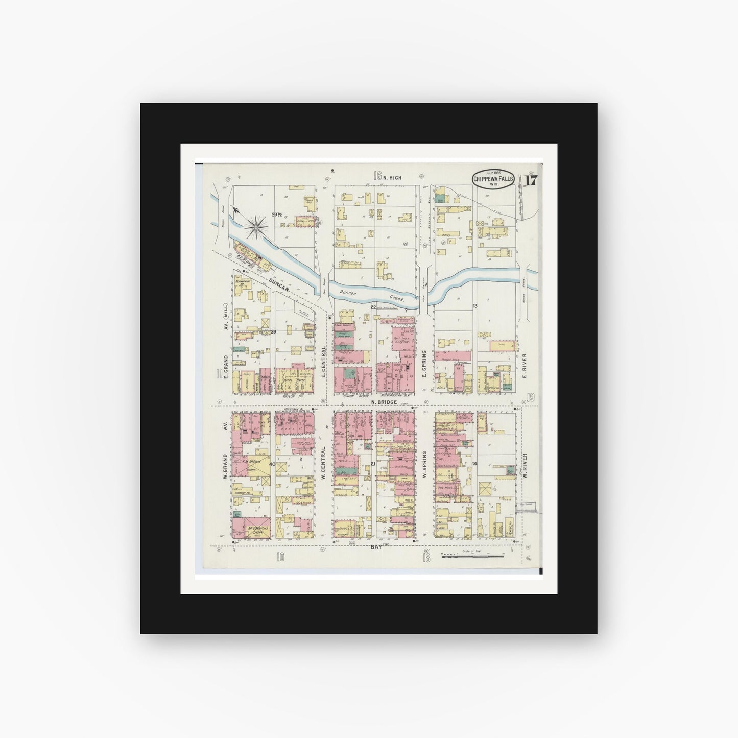 Old map wall art mockup — black gallery frame with white mat — Sanborn Fire Insurance Map from Chippewa Falls, Chippewa County, Wisconsin (1895), Sheet #0017