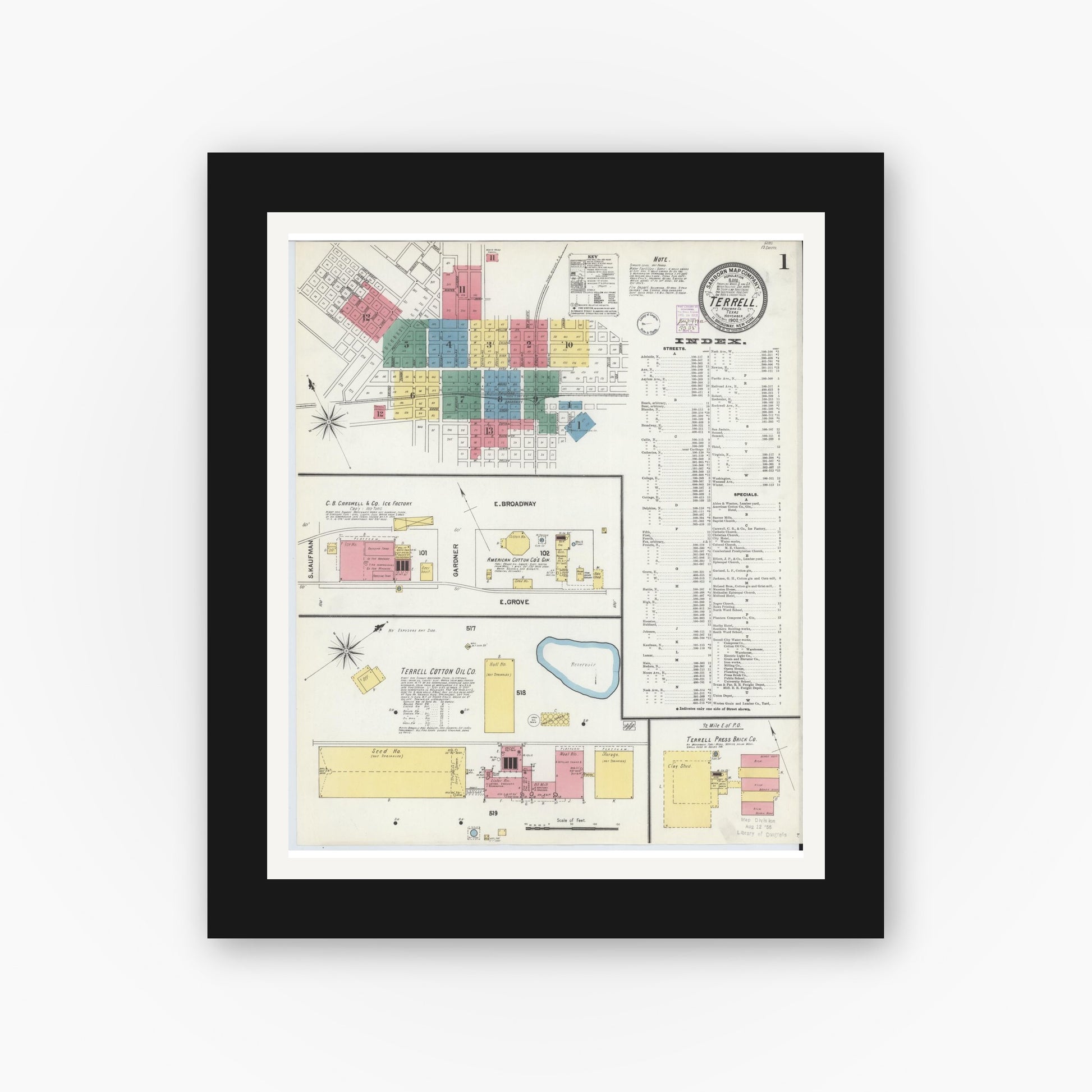 Old map wall art mockup — black gallery frame with white mat — Sanborn Fire Insurance Map from Terrell, Kaufman County, Texas (1902), Sheet #0001