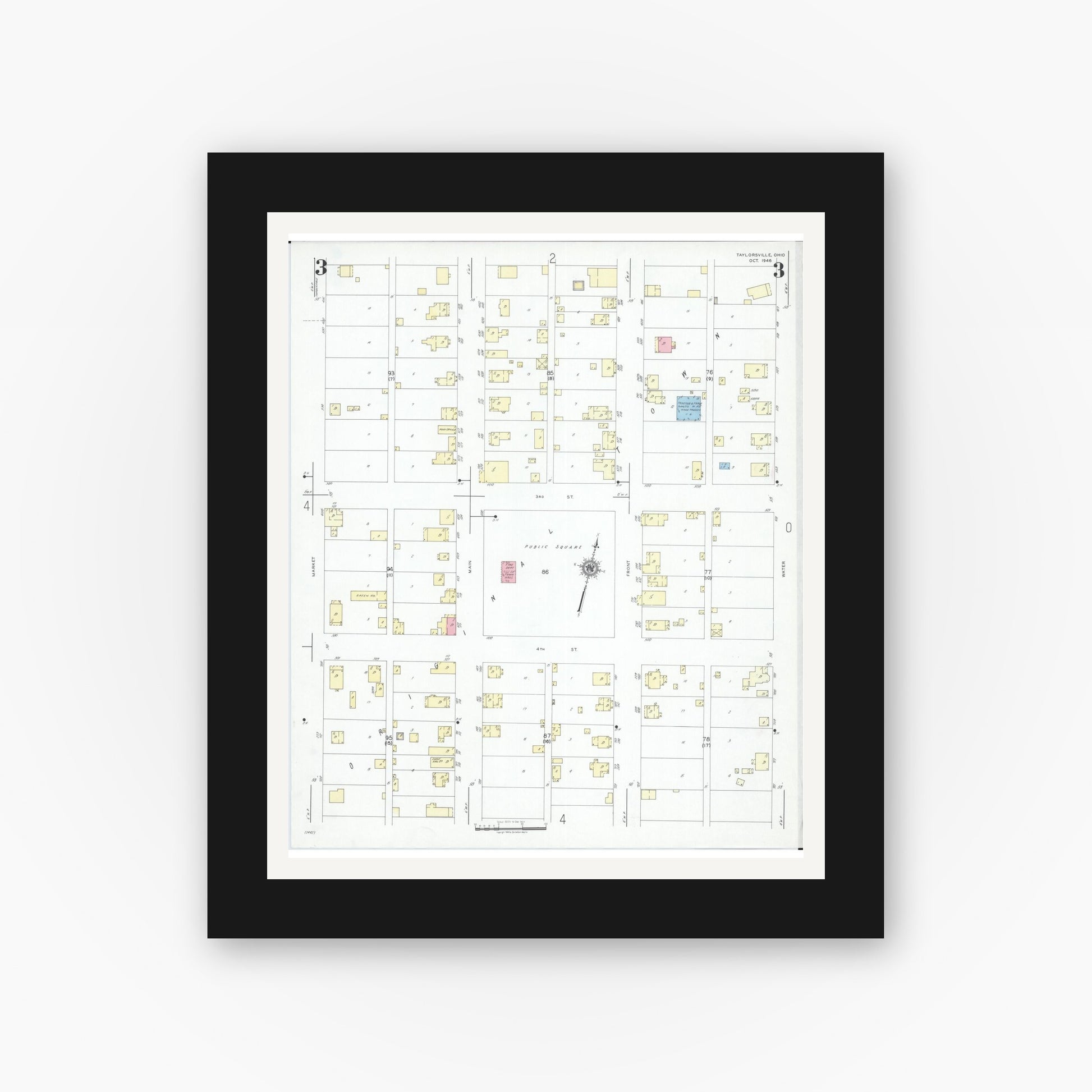 Old map wall art mockup — black gallery frame with white mat — Sanborn Fire Insurance Map from Taylorsville, Muskingum County, Ohio (1946), Sheet #0003