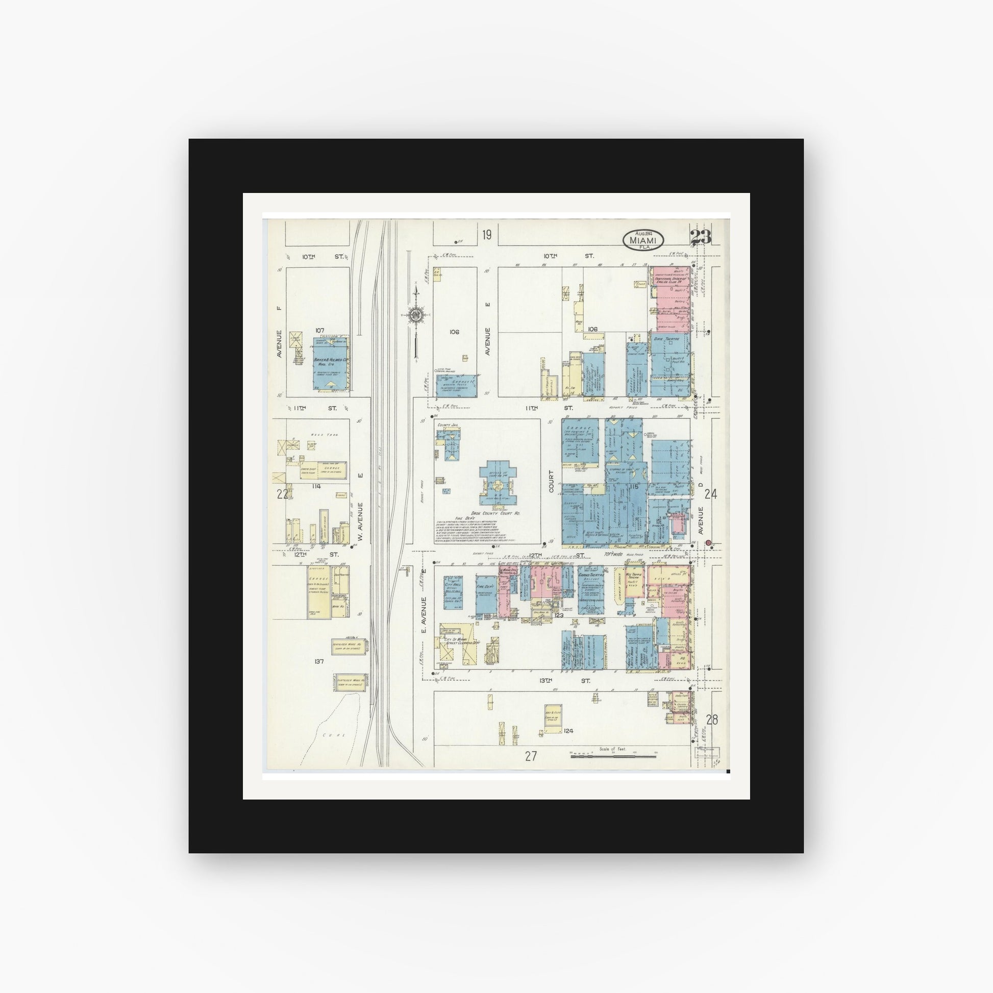 Old map wall art mockup — black gallery frame with white mat — Sanborn Fire Insurance Map from Miami, Dade County, Florida (1914), Sheet #0023