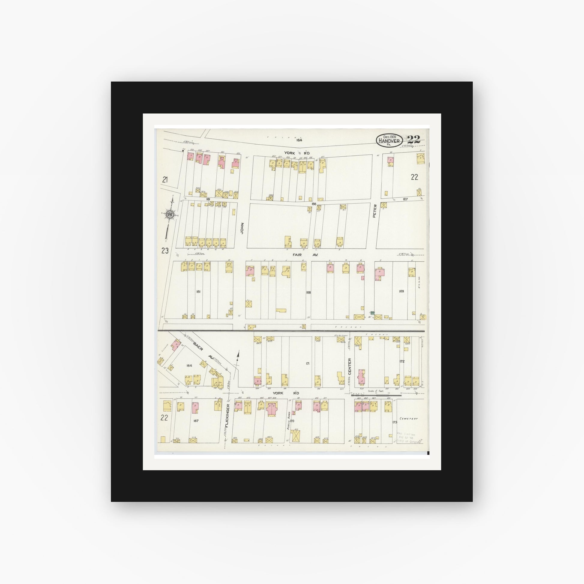 Old map wall art mockup — black gallery frame with white mat — Sanborn Fire Insurance Map from Hanover, York County, Pennsylvania (1909), Sheet #0022