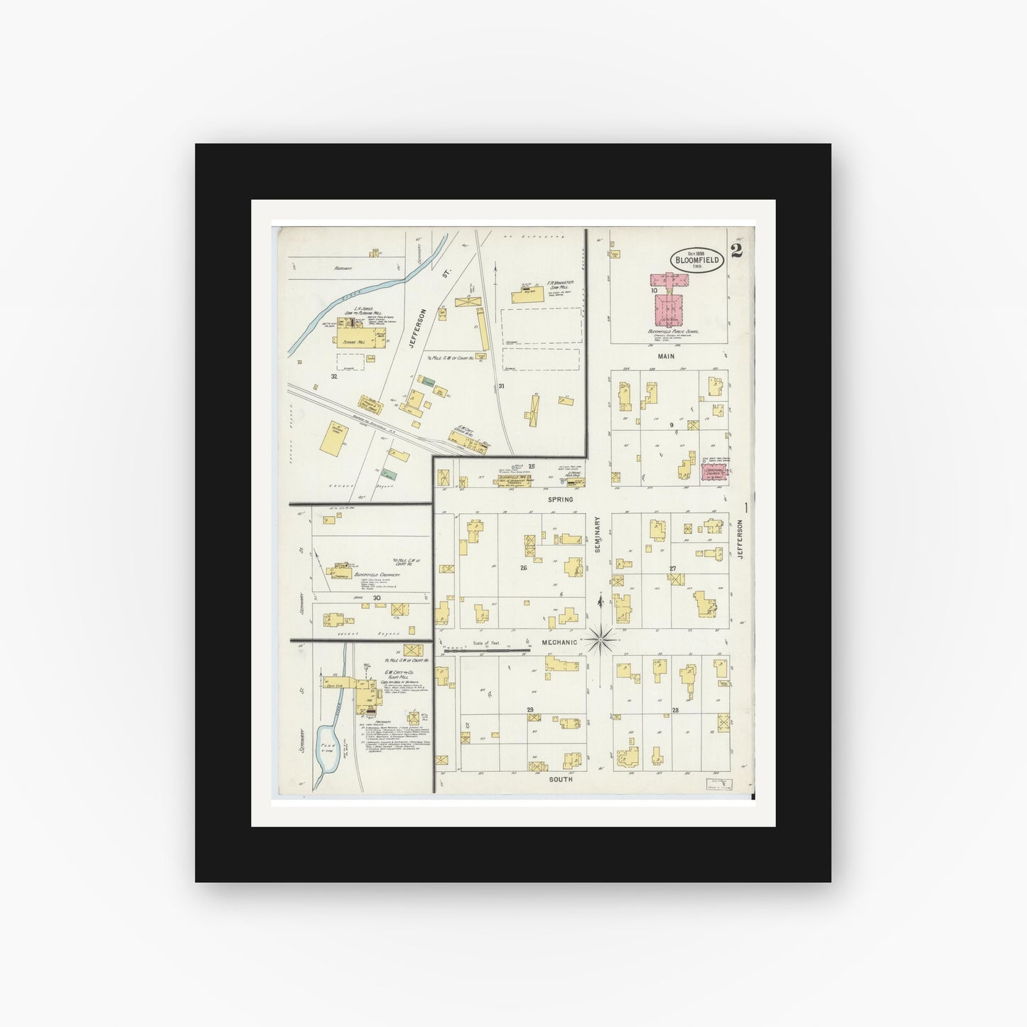 Old map wall art mockup — black gallery frame with white mat — Sanborn Fire Insurance Map from Bloomfield, Greene County, Indiana (1898), Sheet #0002