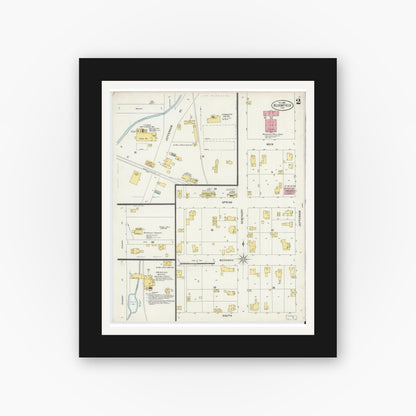 Old map wall art mockup — black gallery frame with white mat — Sanborn Fire Insurance Map from Bloomfield, Greene County, Indiana (1898), Sheet #0002