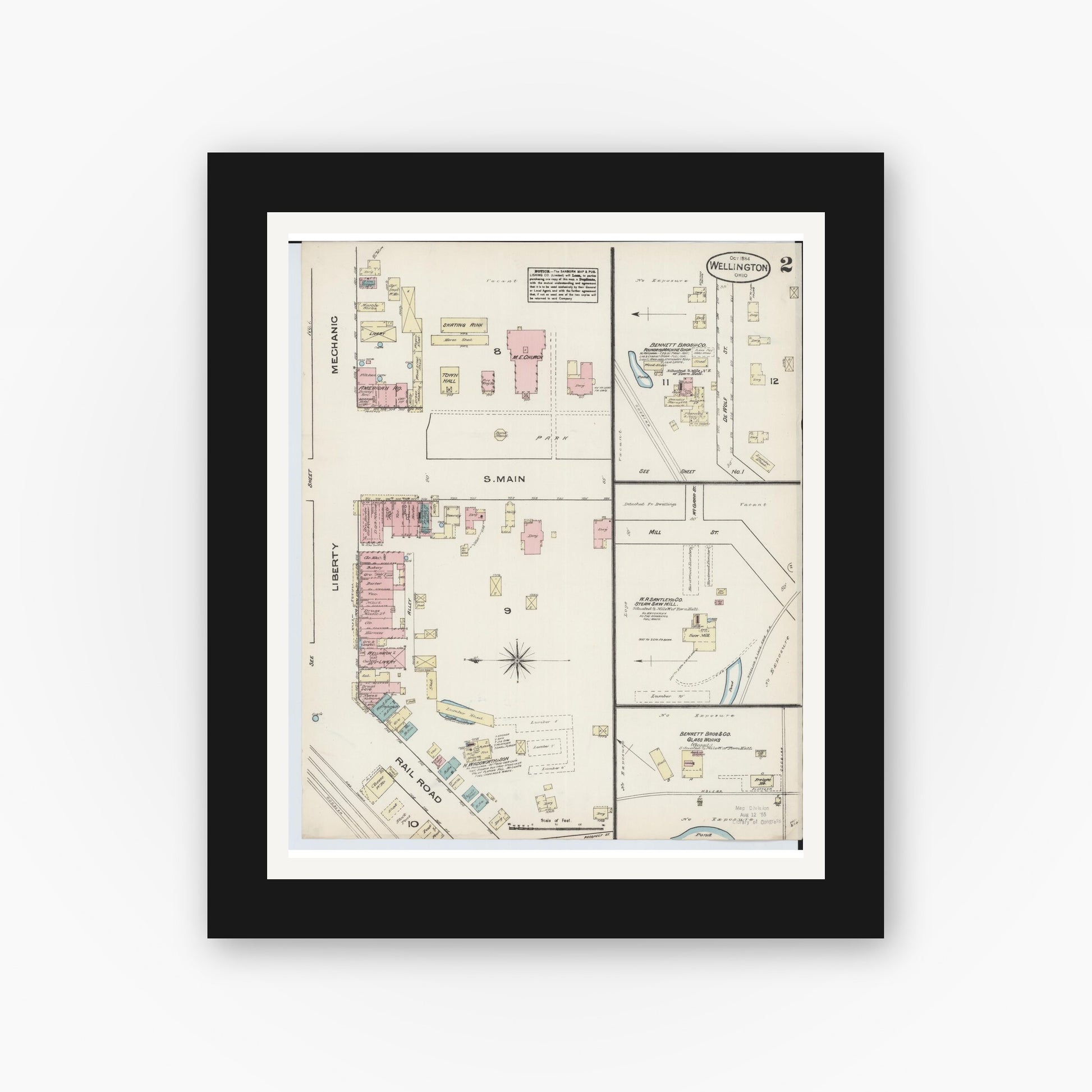 Old map wall art mockup — black gallery frame with white mat — Sanborn Fire Insurance Map from Wellington, Lorain County, Ohio (1884), Sheet #0002