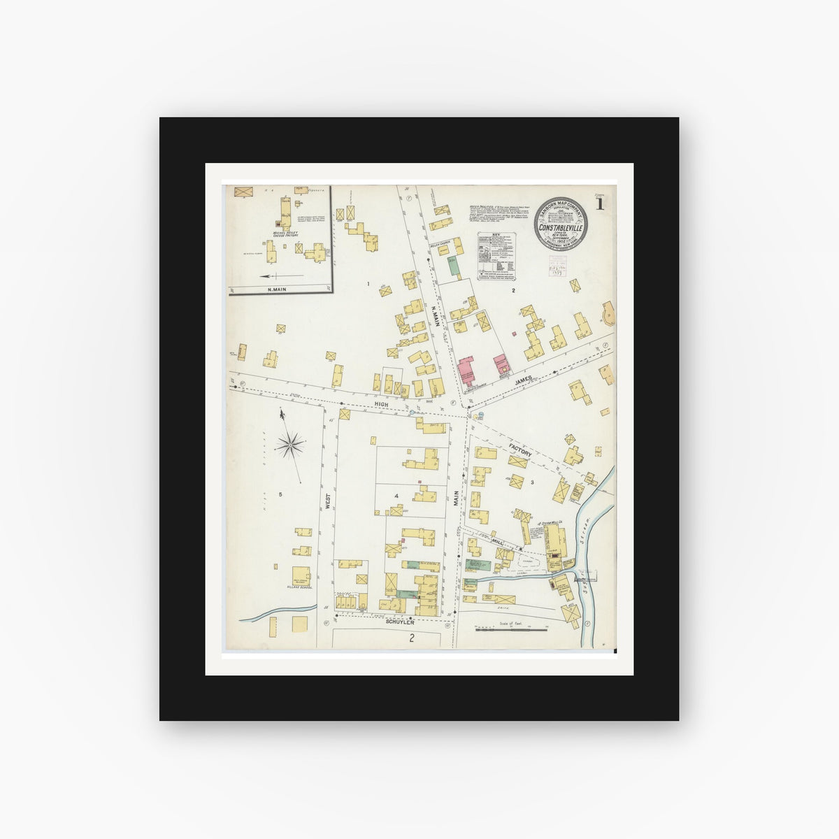 Old map wall art mockup — black gallery frame with white mat — Sanborn Fire Insurance Map from Constableville, Lewis County, New York (1902), Sheet #0001