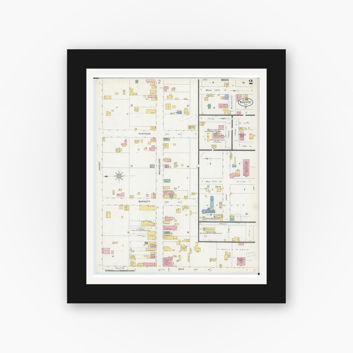 Old map wall art mockup — black gallery frame with white mat — Sanborn Fire Insurance Map from Nauvoo, Hancock County, Illinois (1898), Sheet #0002