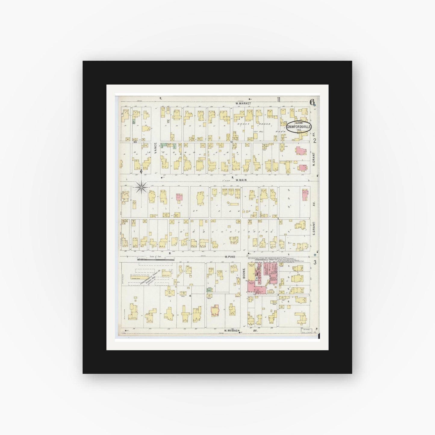 Old map wall art mockup — black gallery frame with white mat — Sanborn Fire Insurance Map from Crawfordsville, Montgomery County, Indiana (1896), Sheet #0006