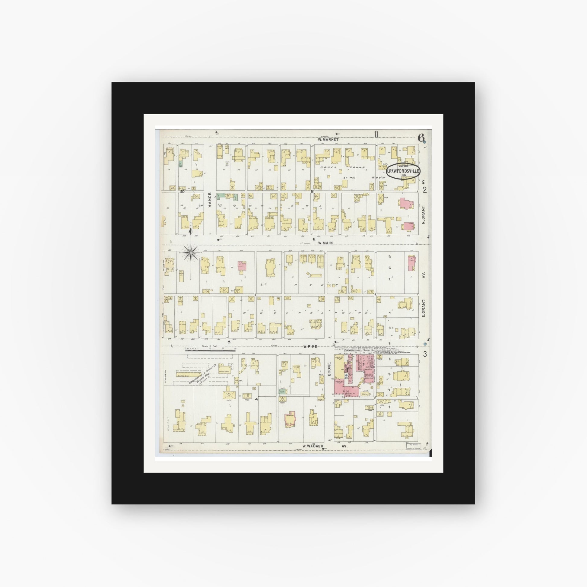 Old map wall art mockup — black gallery frame with white mat — Sanborn Fire Insurance Map from Crawfordsville, Montgomery County, Indiana (1896), Sheet #0006