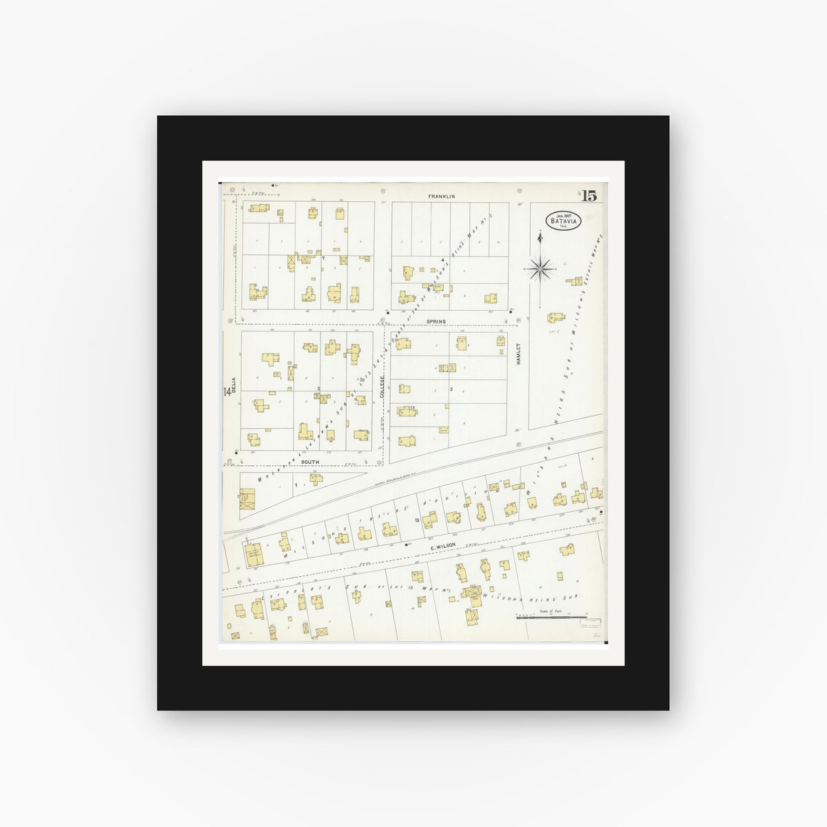 Old map wall art mockup — black gallery frame with white mat — Sanborn Fire Insurance Map from Batavia, Kane County, Illinois (1907), Sheet #0015