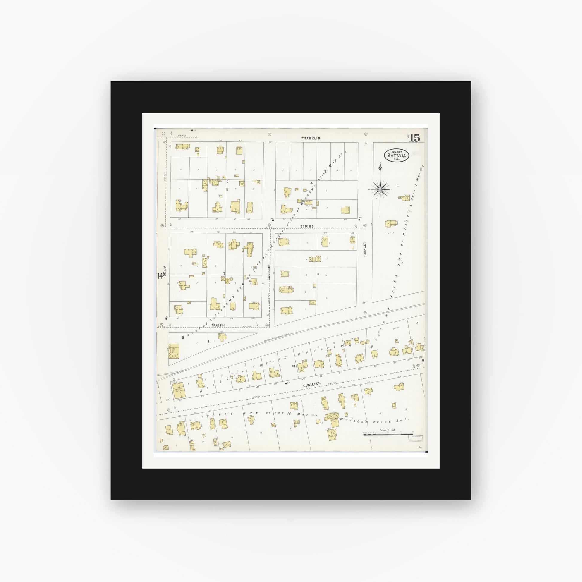 Old map wall art mockup — black gallery frame with white mat — Sanborn Fire Insurance Map from Batavia, Kane County, Illinois (1907), Sheet #0015